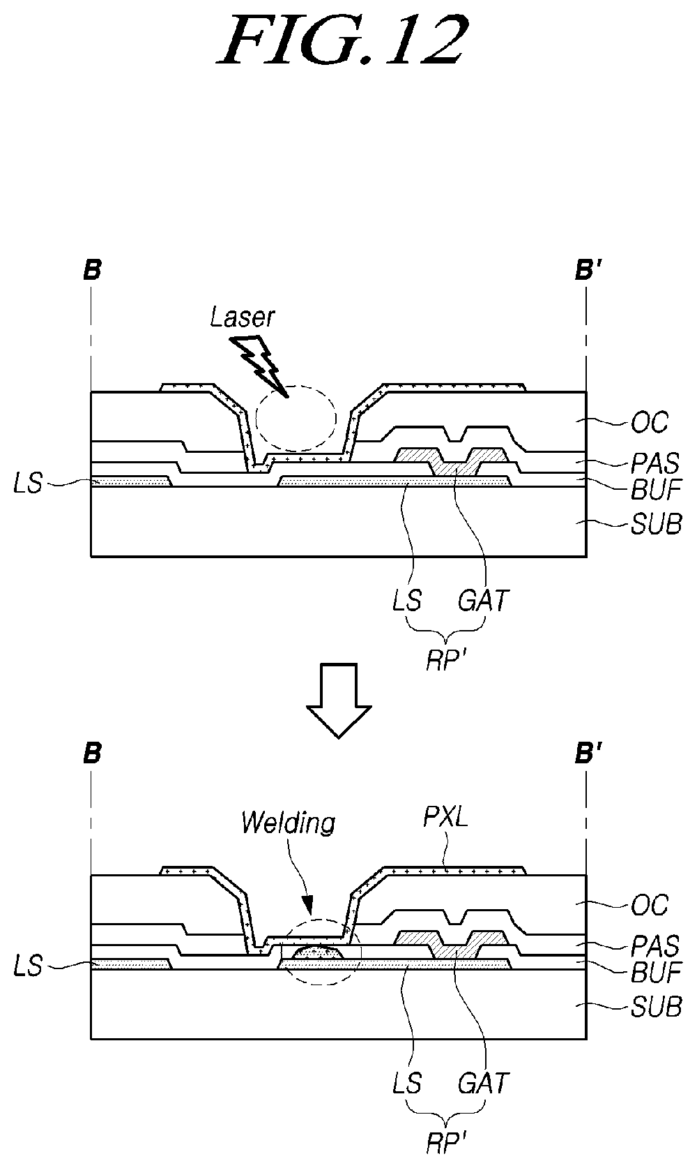 Patent US11818929 Figure 12 – Display device with repair patterns