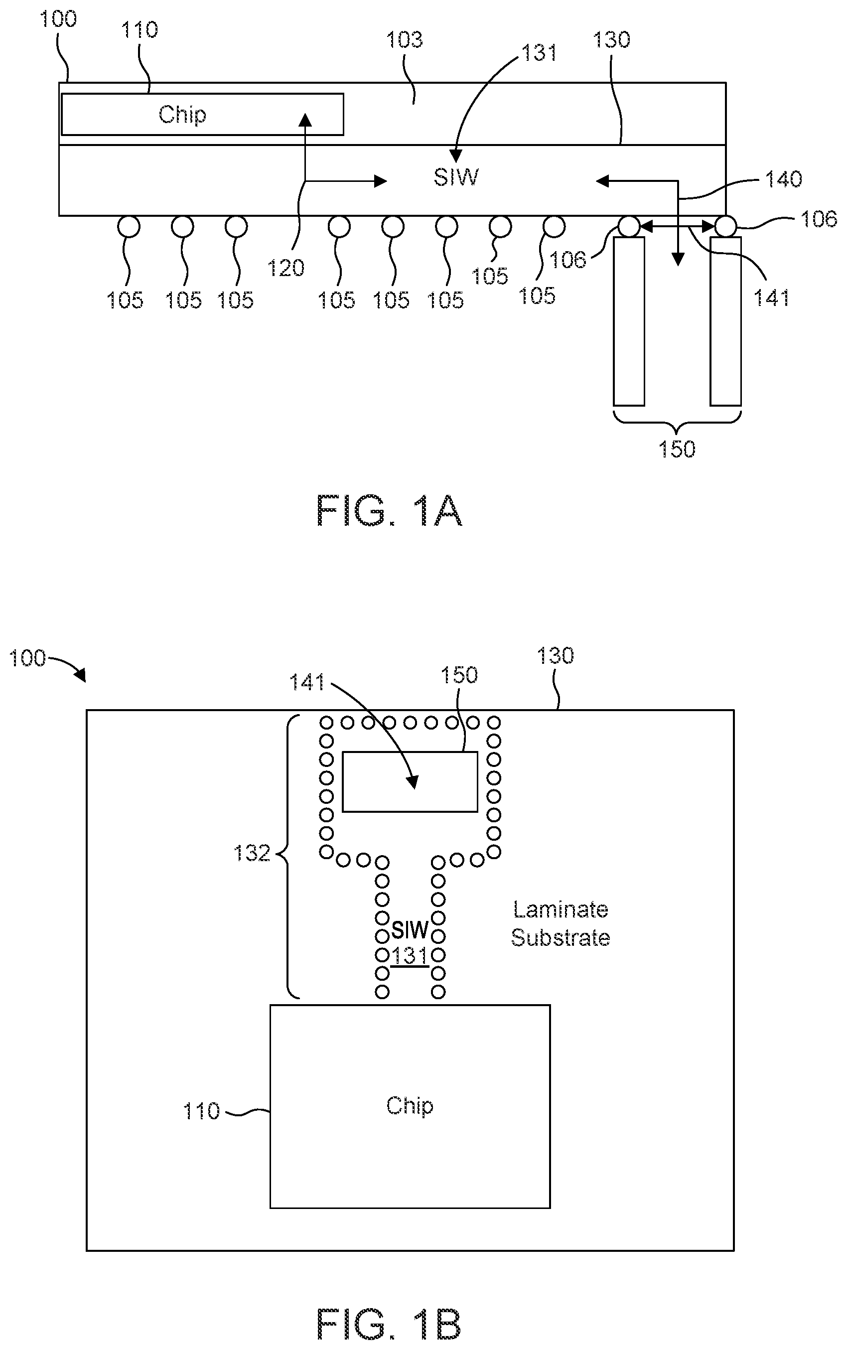 Patent US11824019 Figure 1 – Chip package with substrate integrated waveguide and waveguide interface