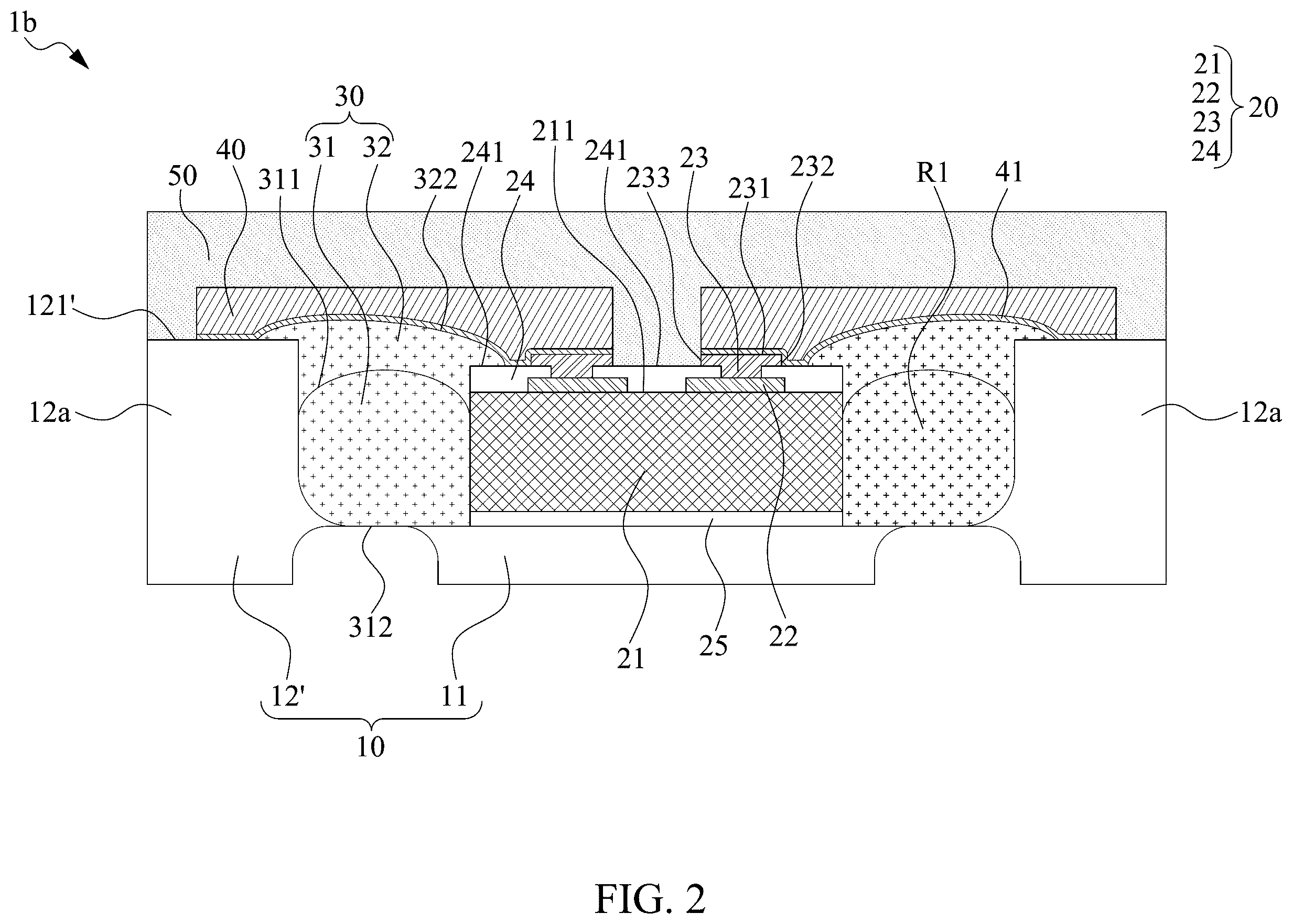 Patent US11824031 Figure 2 – Semiconductor package structure with dielectric structure covering upper surface of chip