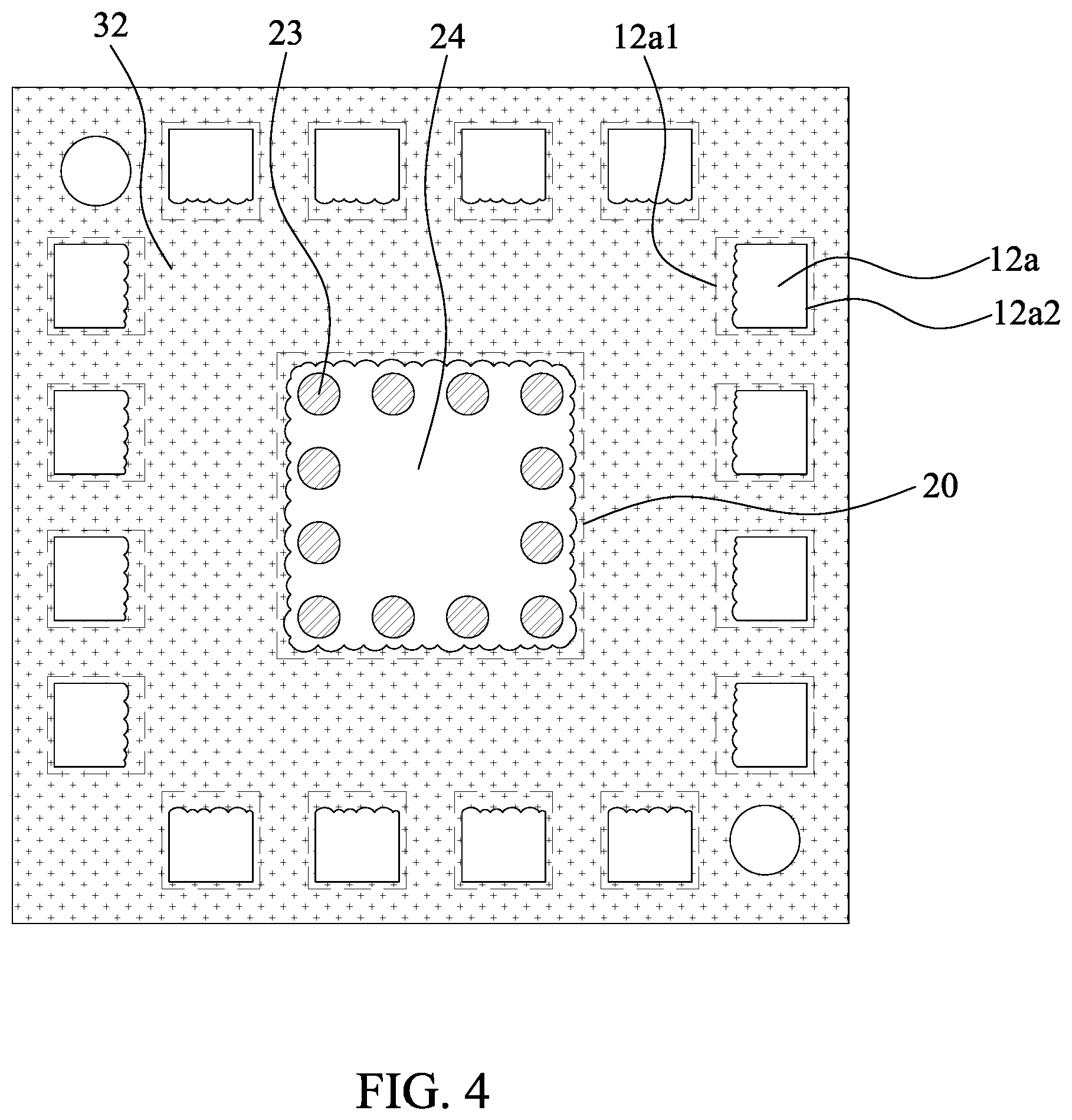 Patent US11824031 Figure 4 – Semiconductor package structure with dielectric structure covering upper surface of chip