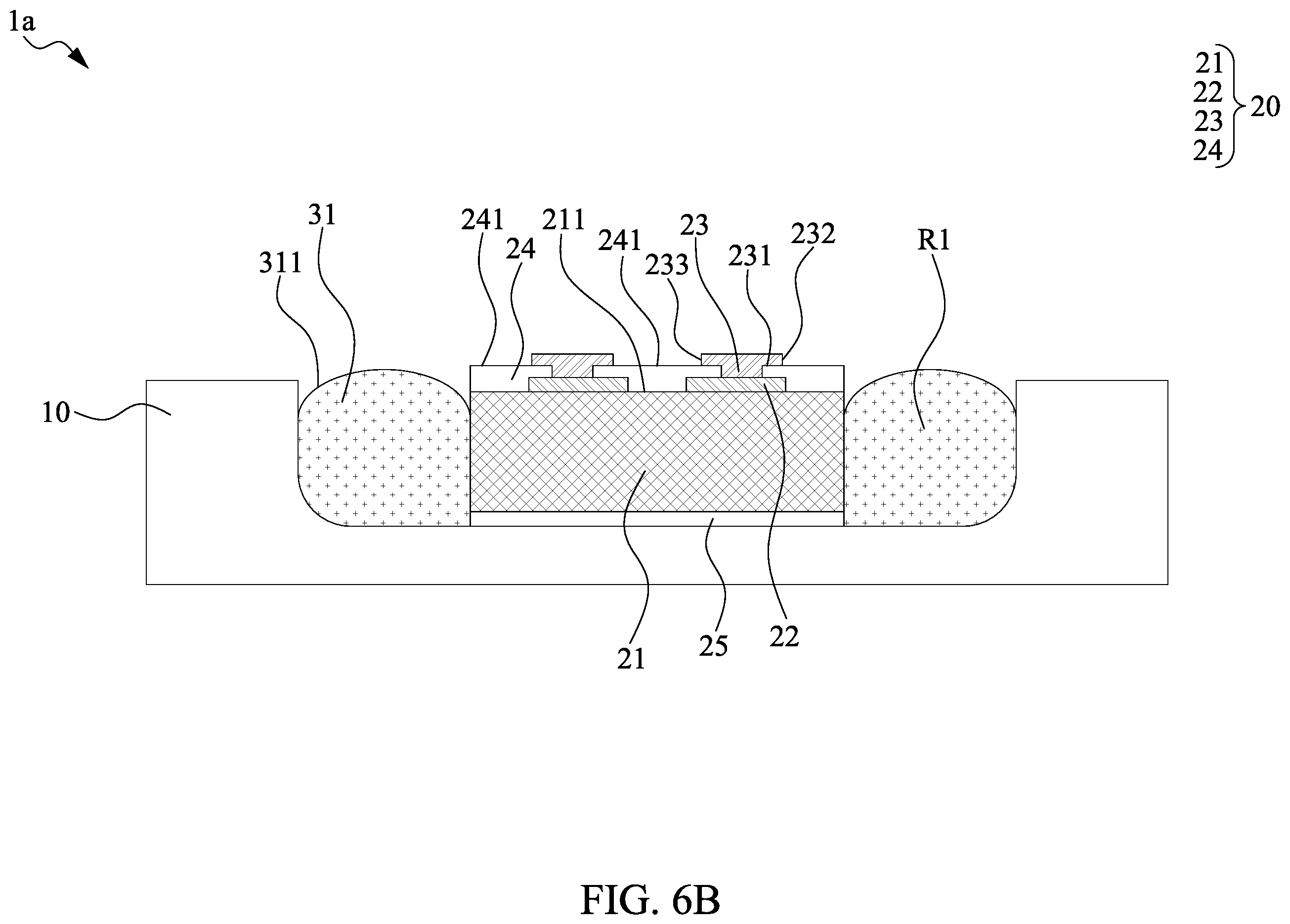 Patent US11824031 Figure 7 – Semiconductor package structure with dielectric structure covering upper surface of chip
