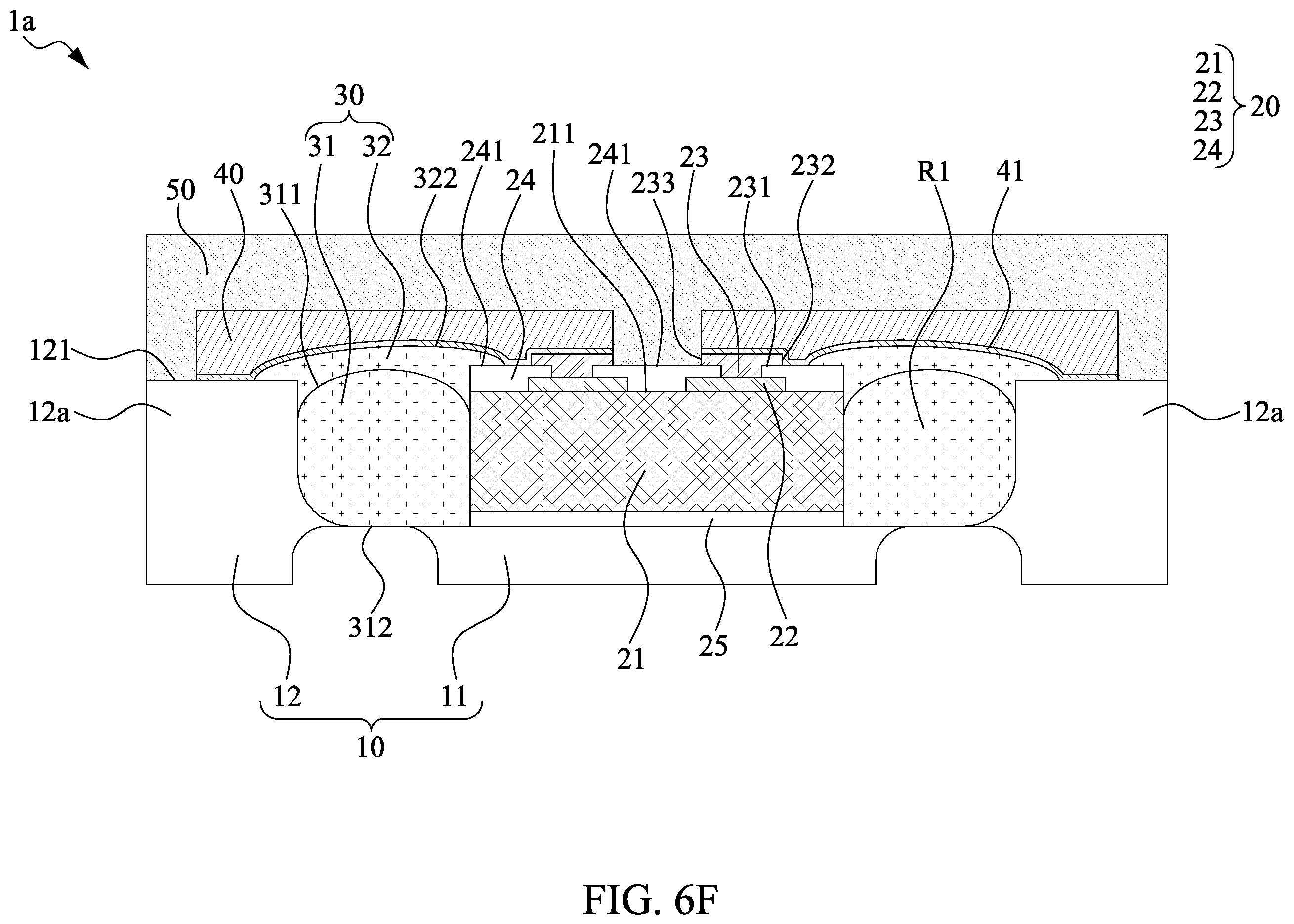 Patent US11824031 Figure 11 – Semiconductor package structure with dielectric structure covering upper surface of chip