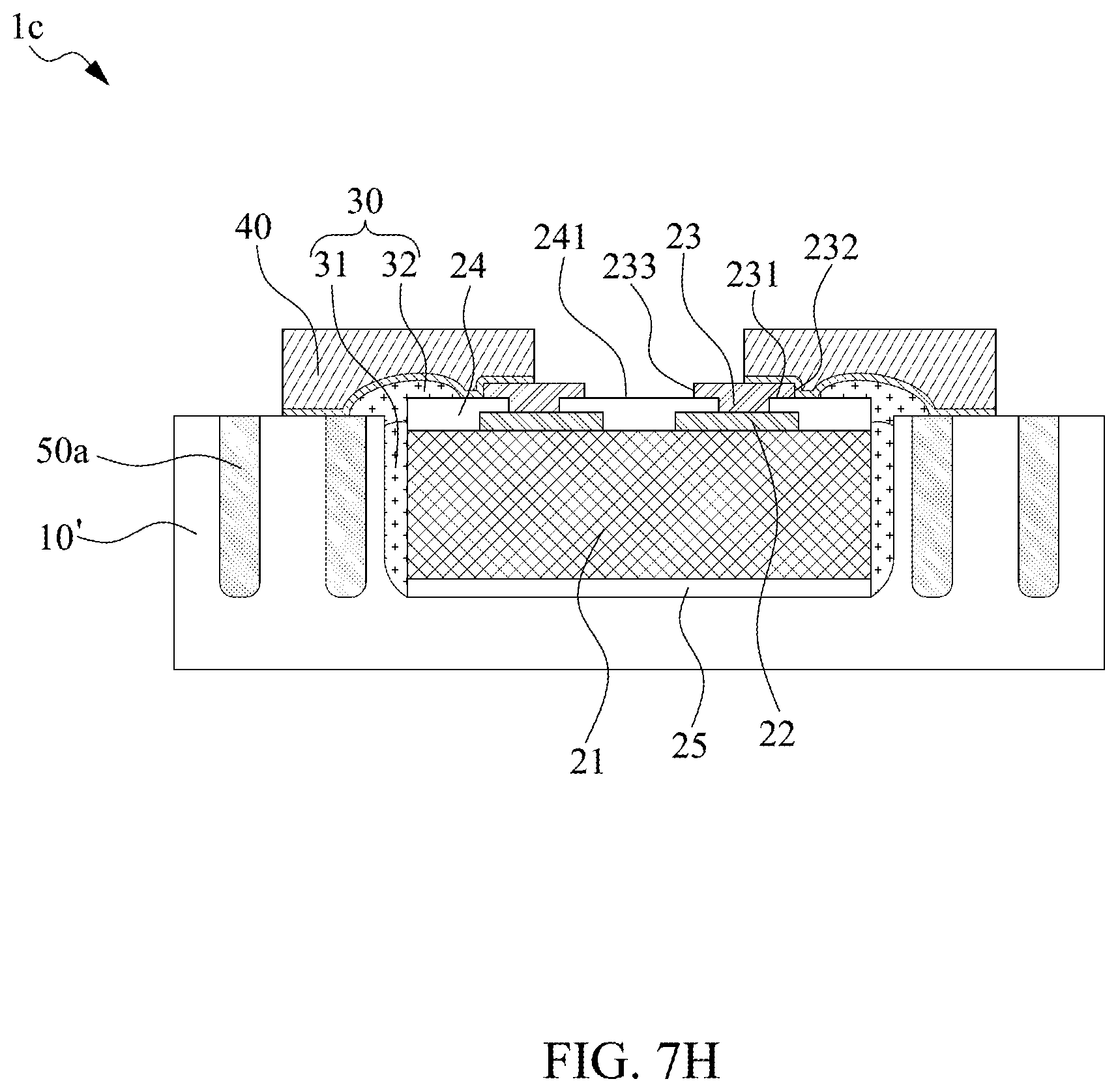 Patent US11824031 Figure 19 – Semiconductor package structure with dielectric structure covering upper surface of chip