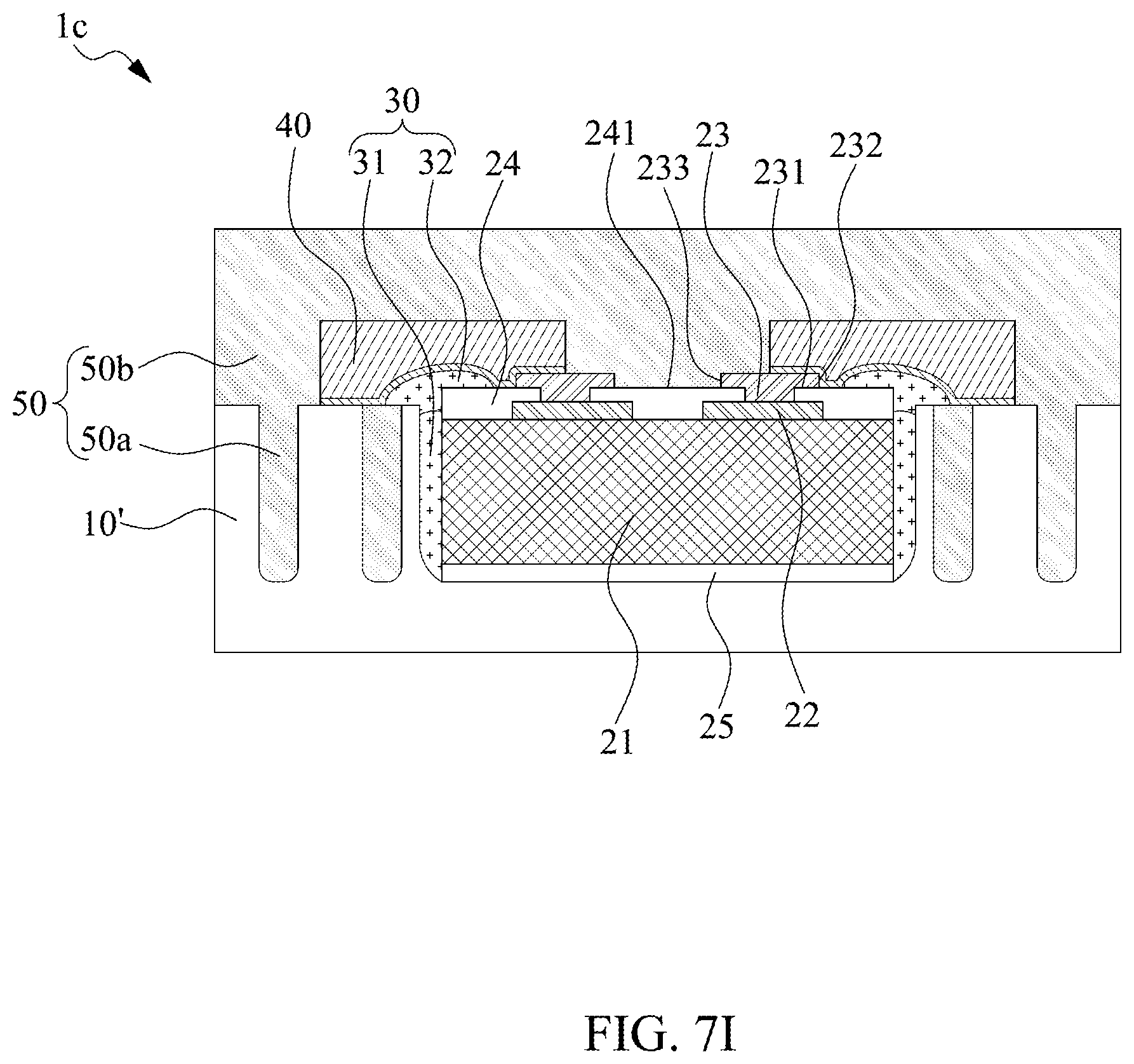Patent US11824031 Figure 20 – Semiconductor package structure with dielectric structure covering upper surface of chip