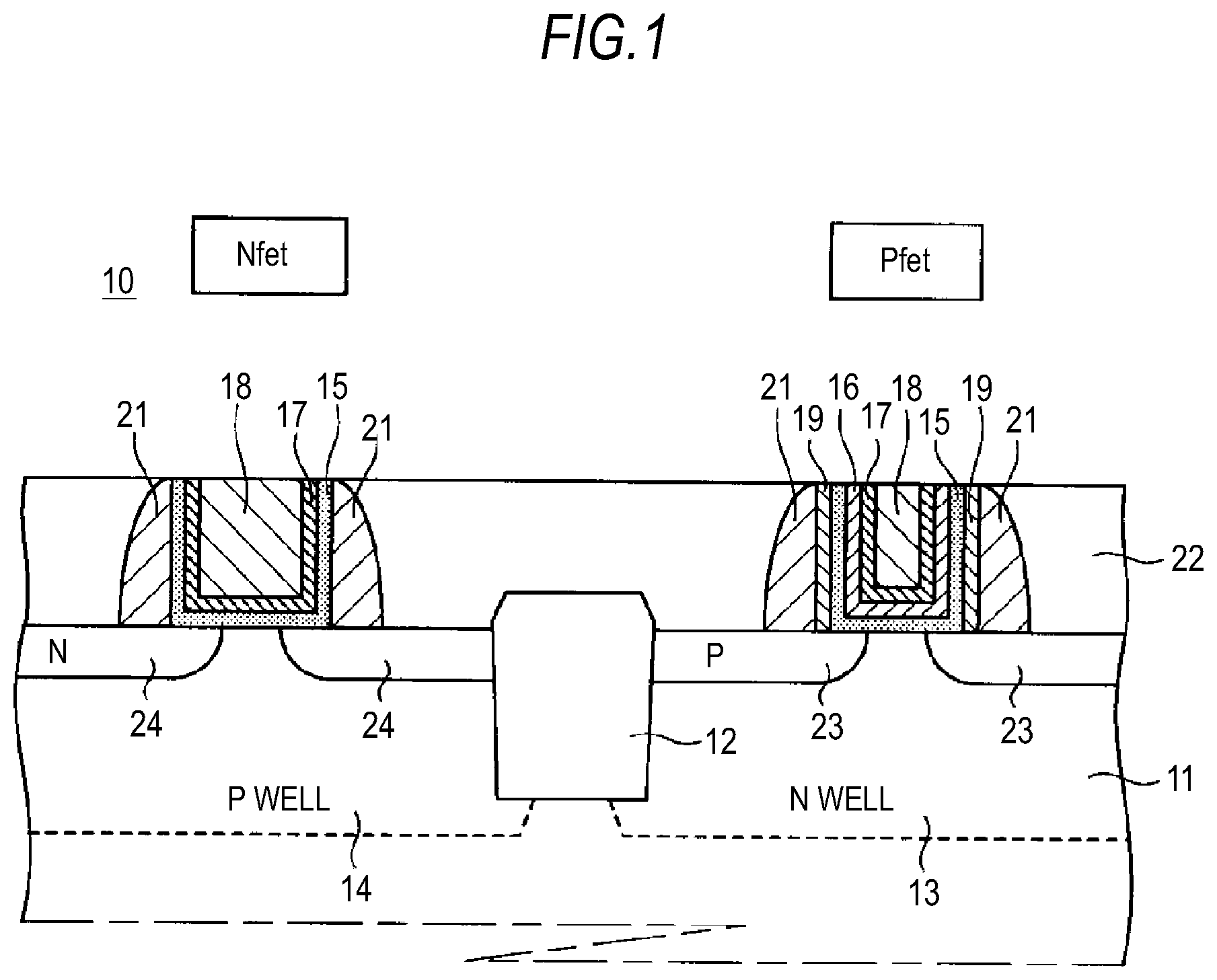 Patent US11824057 — Semiconductor device with fin-type field effect transistor — Figure 1