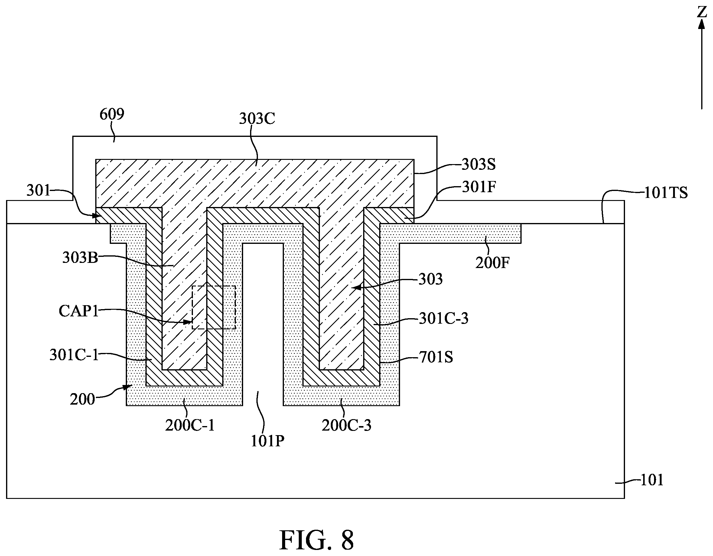 Patent US11824082 Figure 8 – Method for fabricating semiconductor device with capacitors having shared electrode