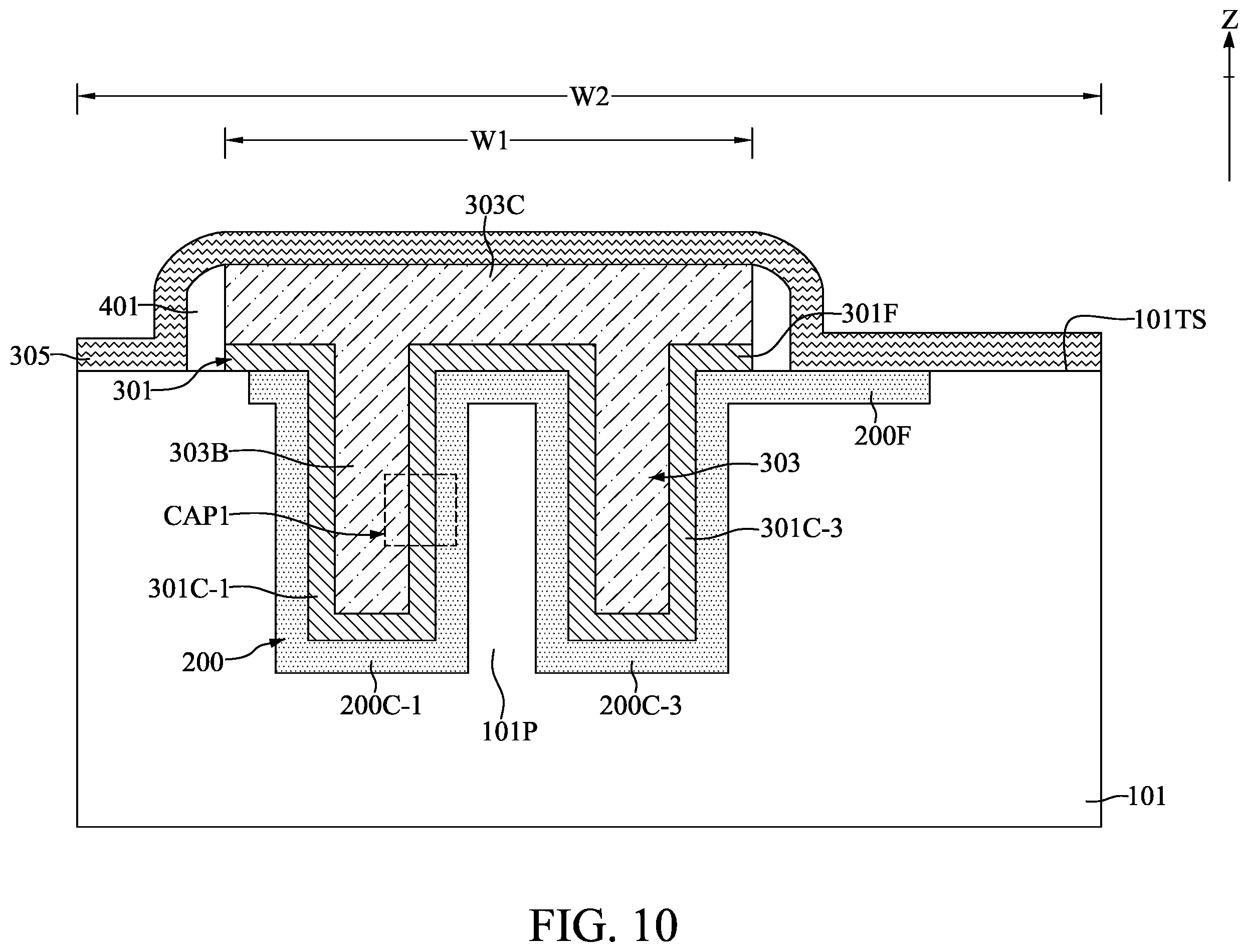 Patent US11824082 Figure 10 – Method for fabricating semiconductor device with capacitors having shared electrode
