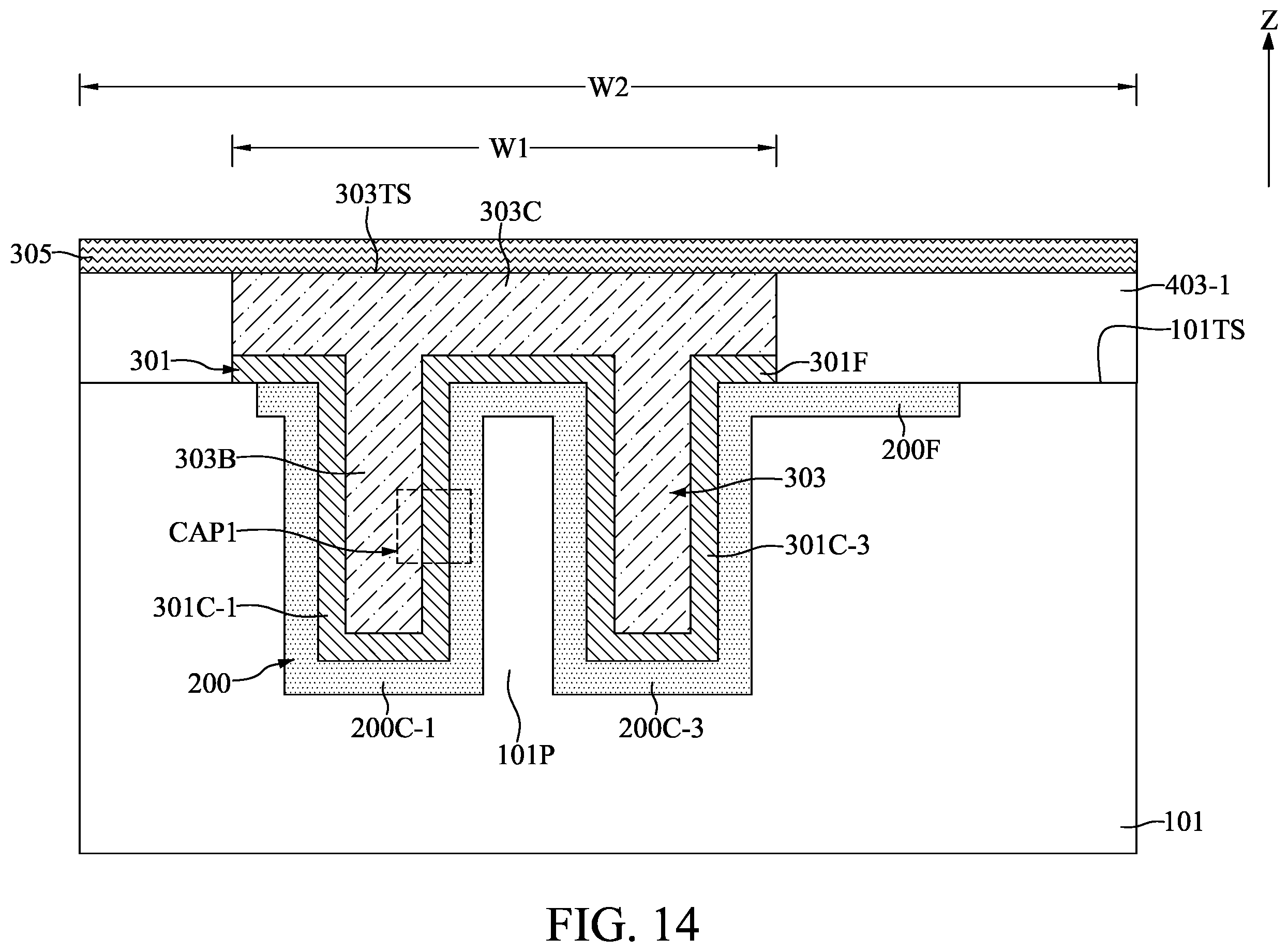 Patent US11824082 Figure 14 – Method for fabricating semiconductor device with capacitors having shared electrode