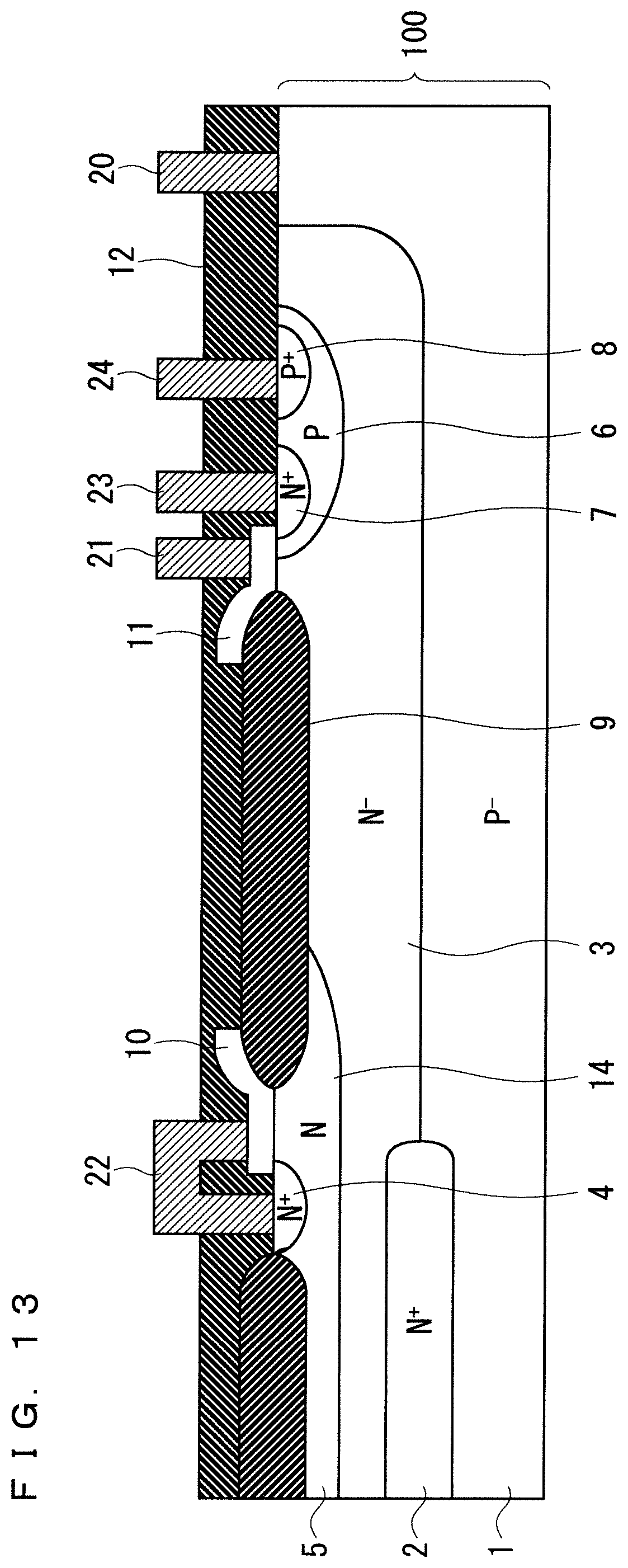 Patent US11824085 Figure 13 – Semiconductor device comprising a MOSFET having a RESURF region and higher peak impurity concentration diffusion region in the RESURF region