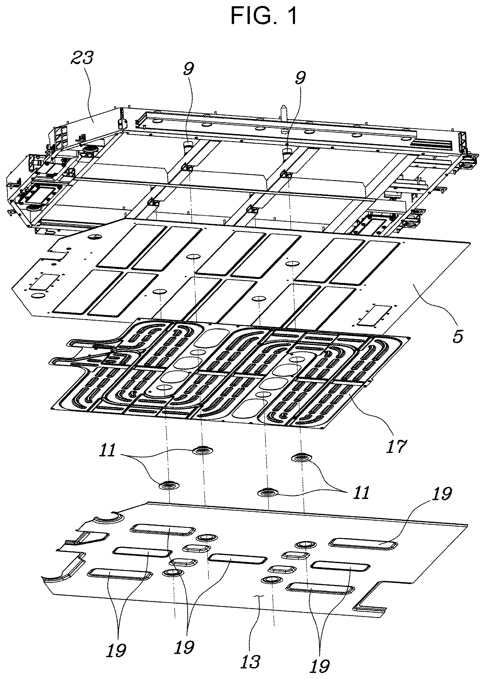 Patent US11824217 Figure 1 – High-voltage battery-mounting structure for vehicle