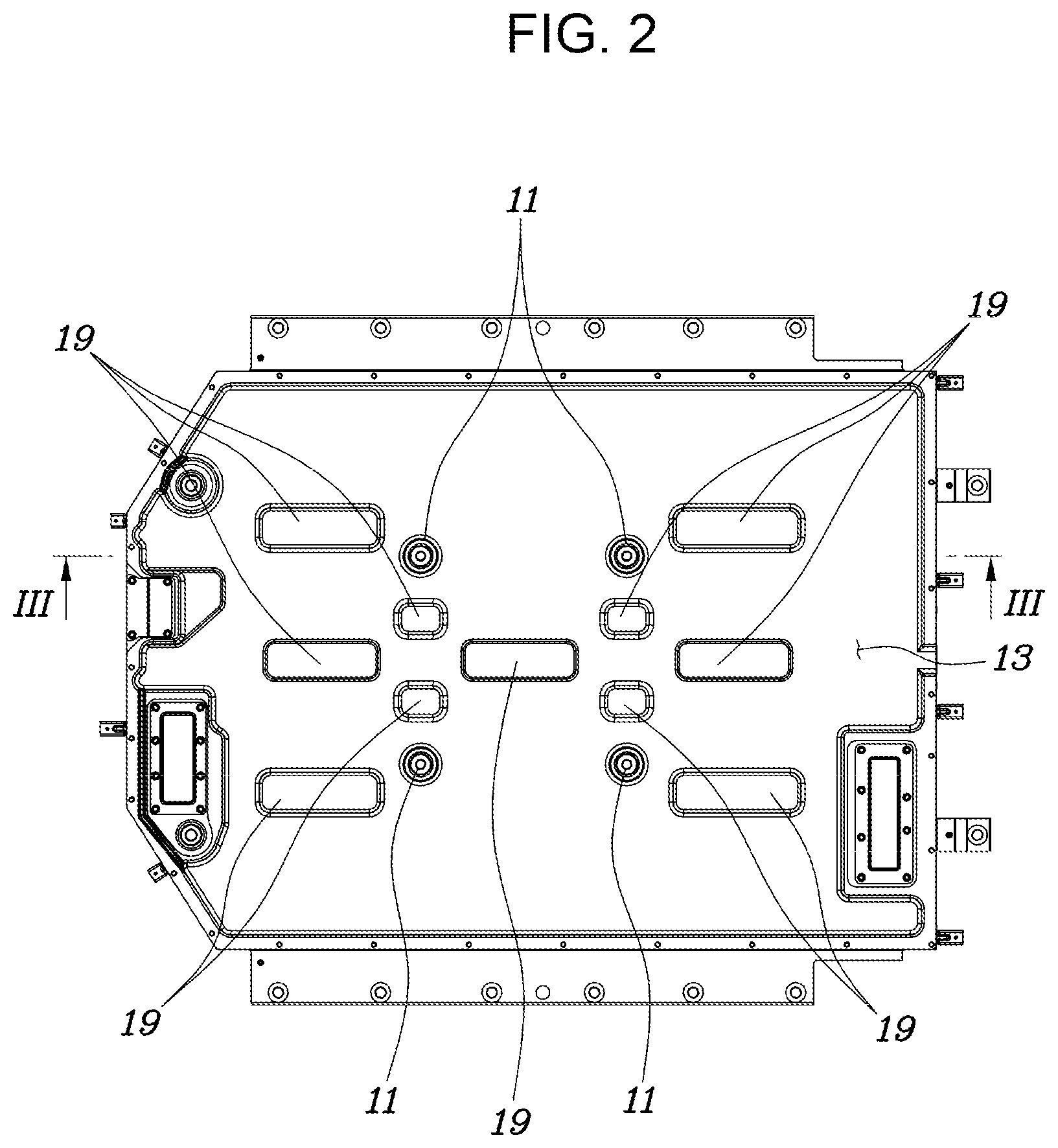 Patent US11824217 Figure 2 – High-voltage battery-mounting structure for vehicle