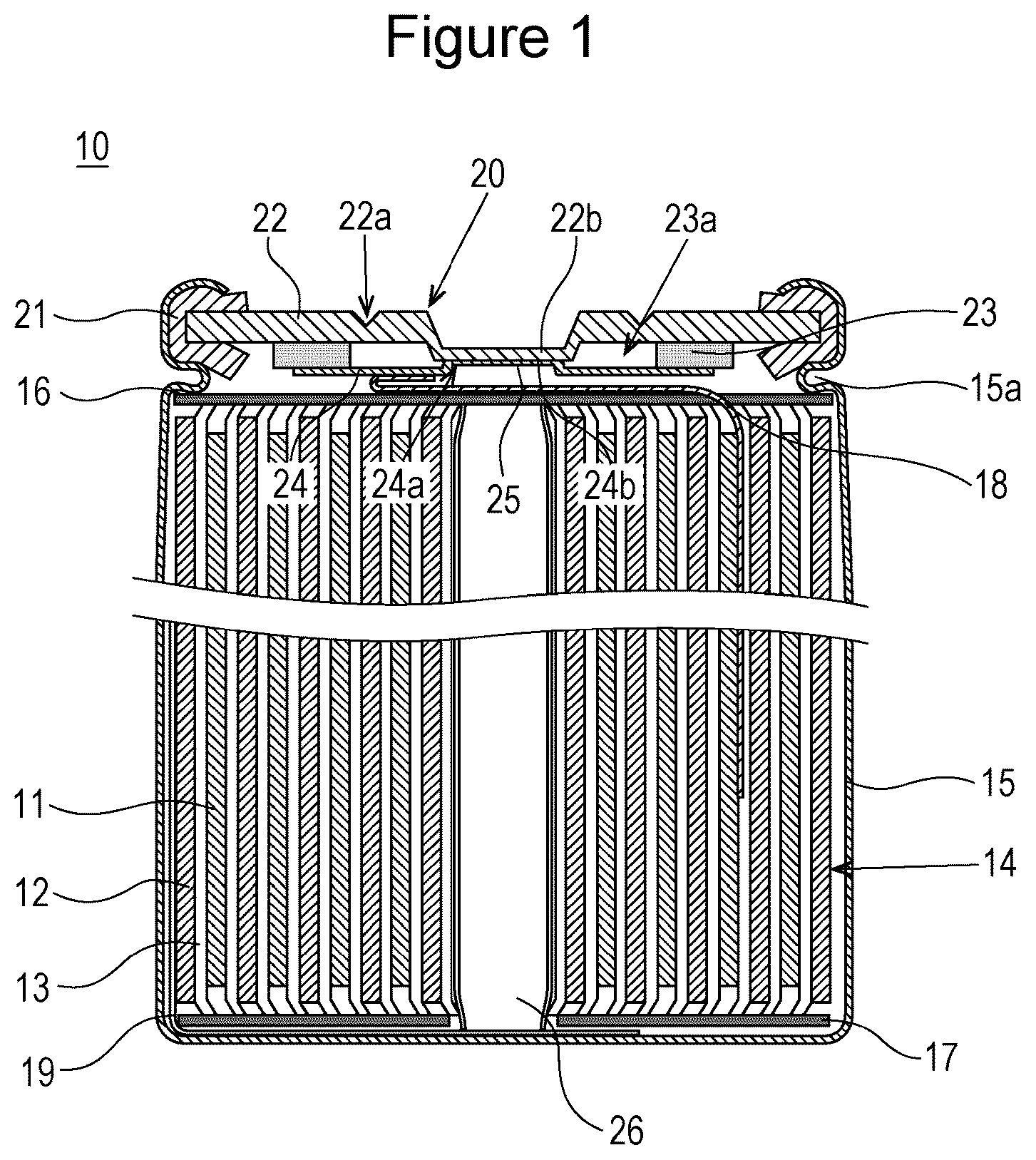 Patent US11824223 Figure 1 – Cylindrical sealed battery and battery pack