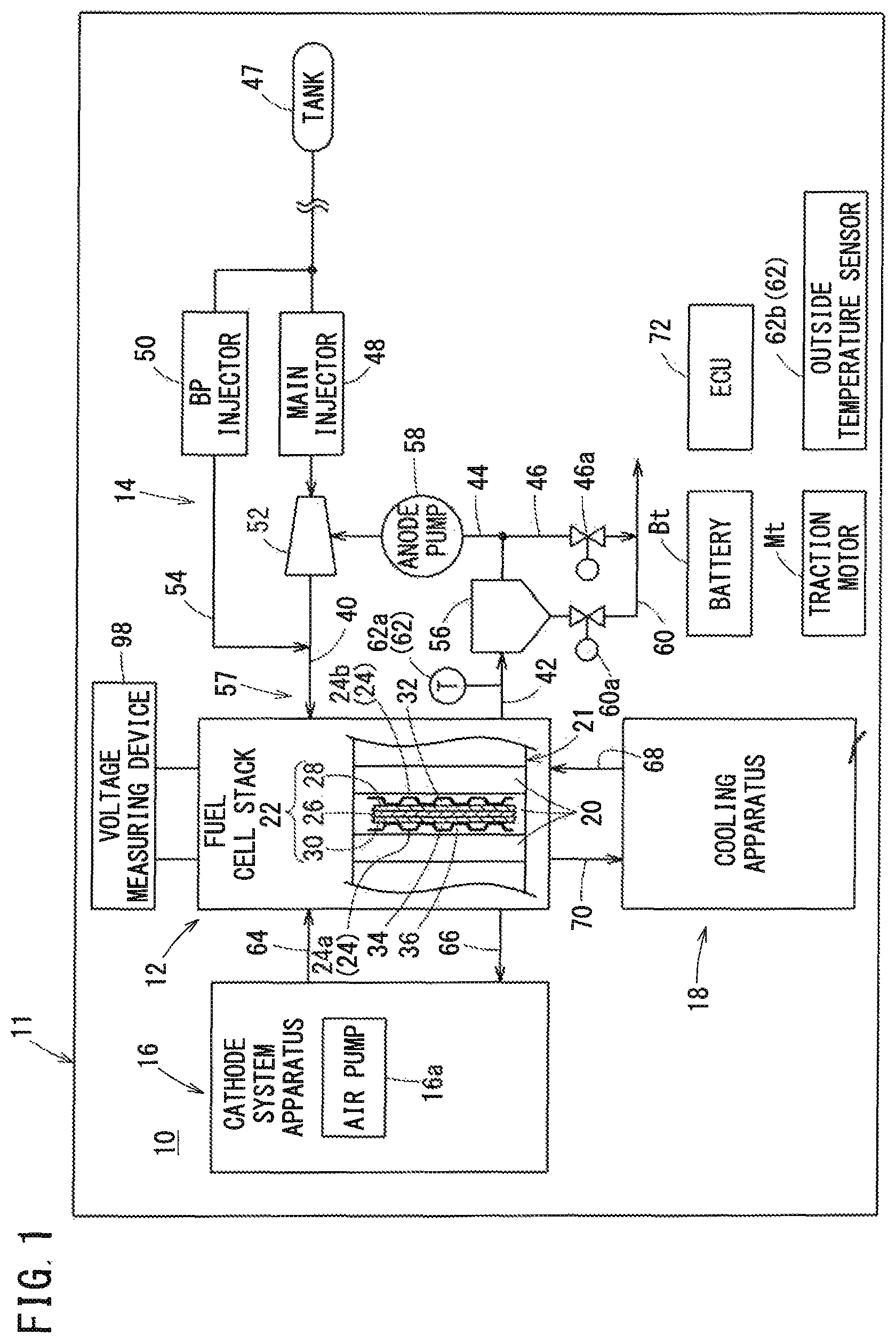 Patent US11824237 Figure 1 – Fuel cell system and method of operating the fuel cell system at low temperature
