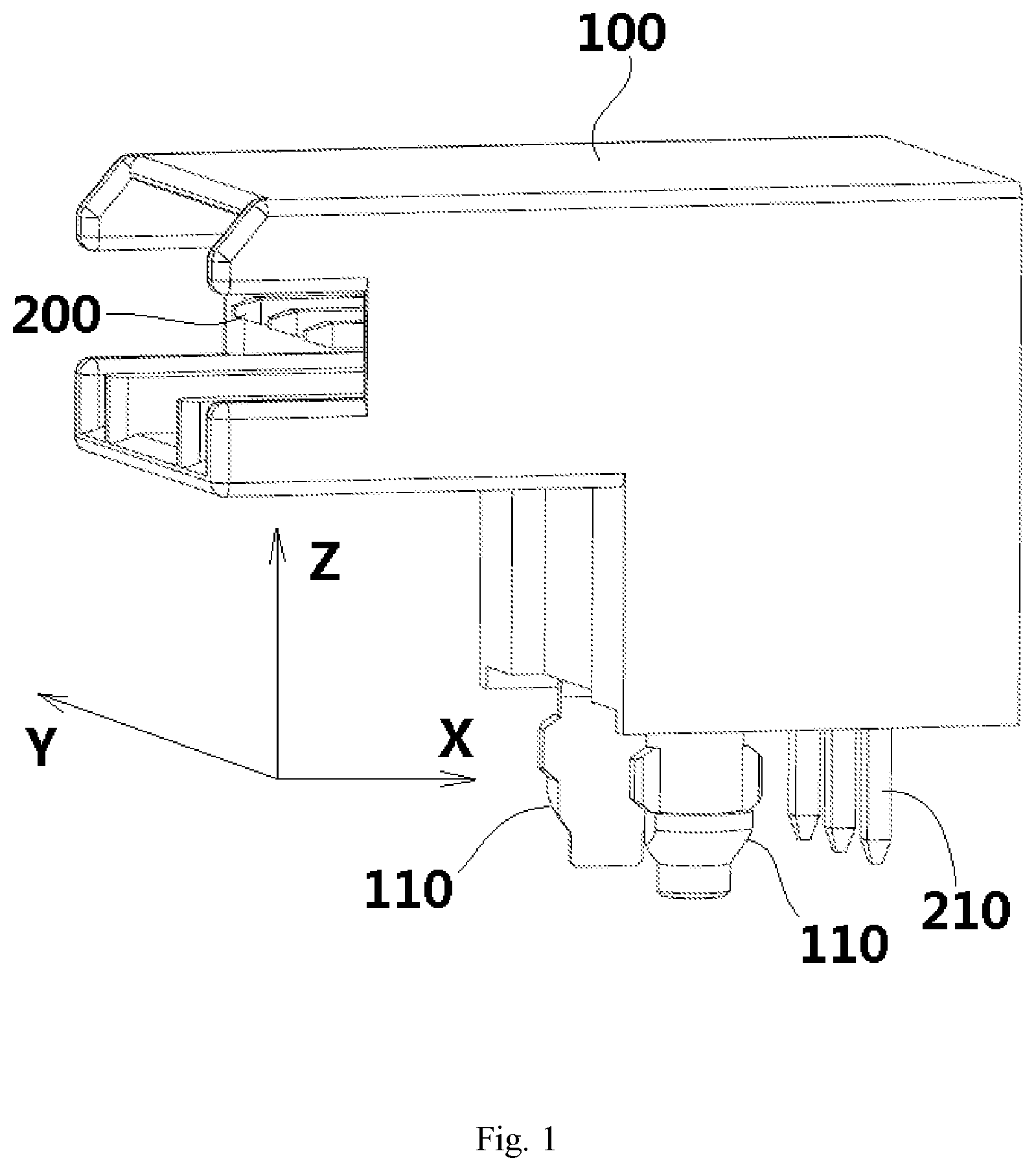Patent US11824290 Figure 1 – Connector housing legs that attach the connector to a circuit board