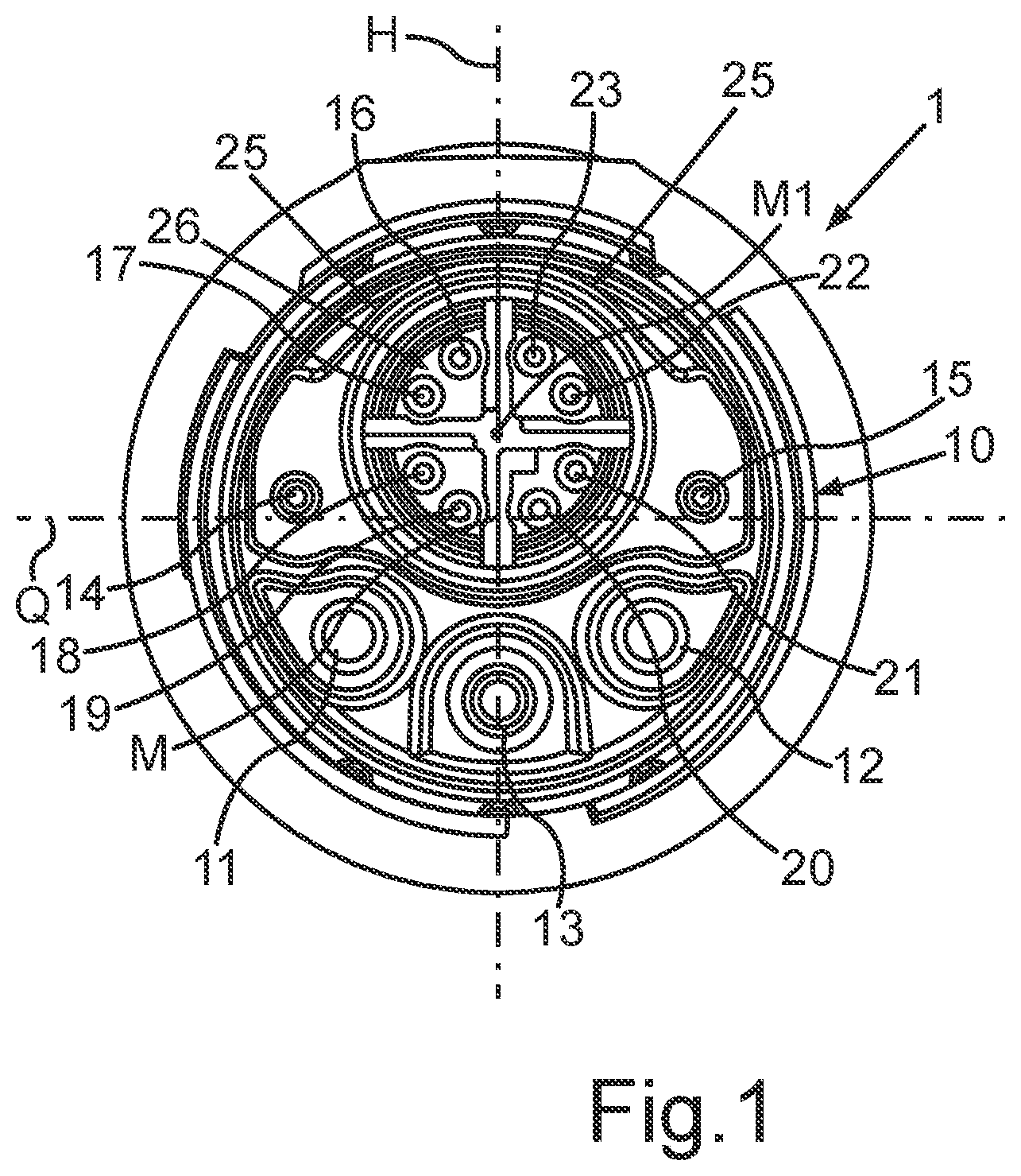 Patent US11824295 Figure 1 – Electrical plug with a specific pin arrangement comprising eight data transmission contacts for gigabit application