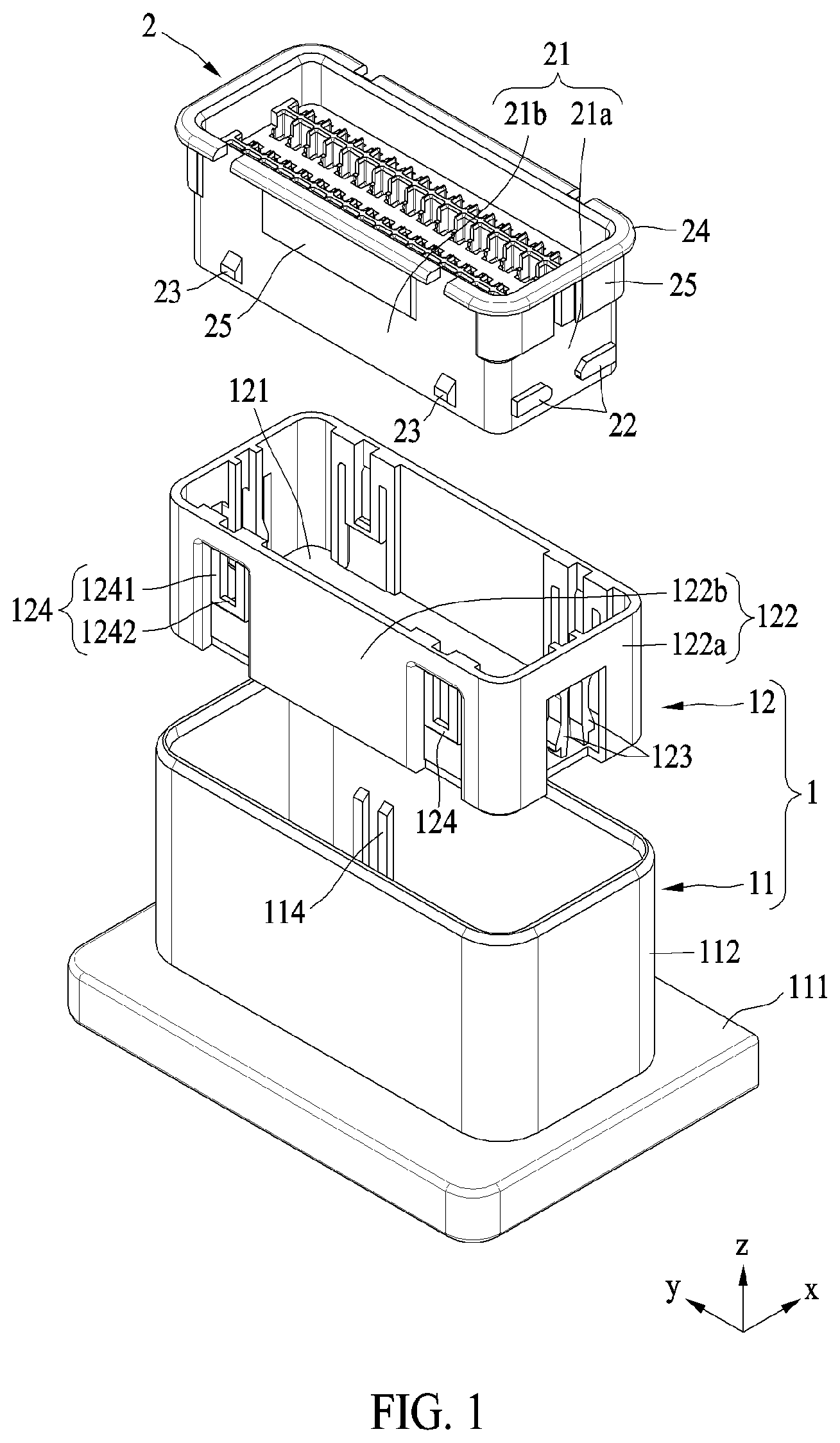 Patent US11824300 Figure 1 – Connector assembly including terminal protection features