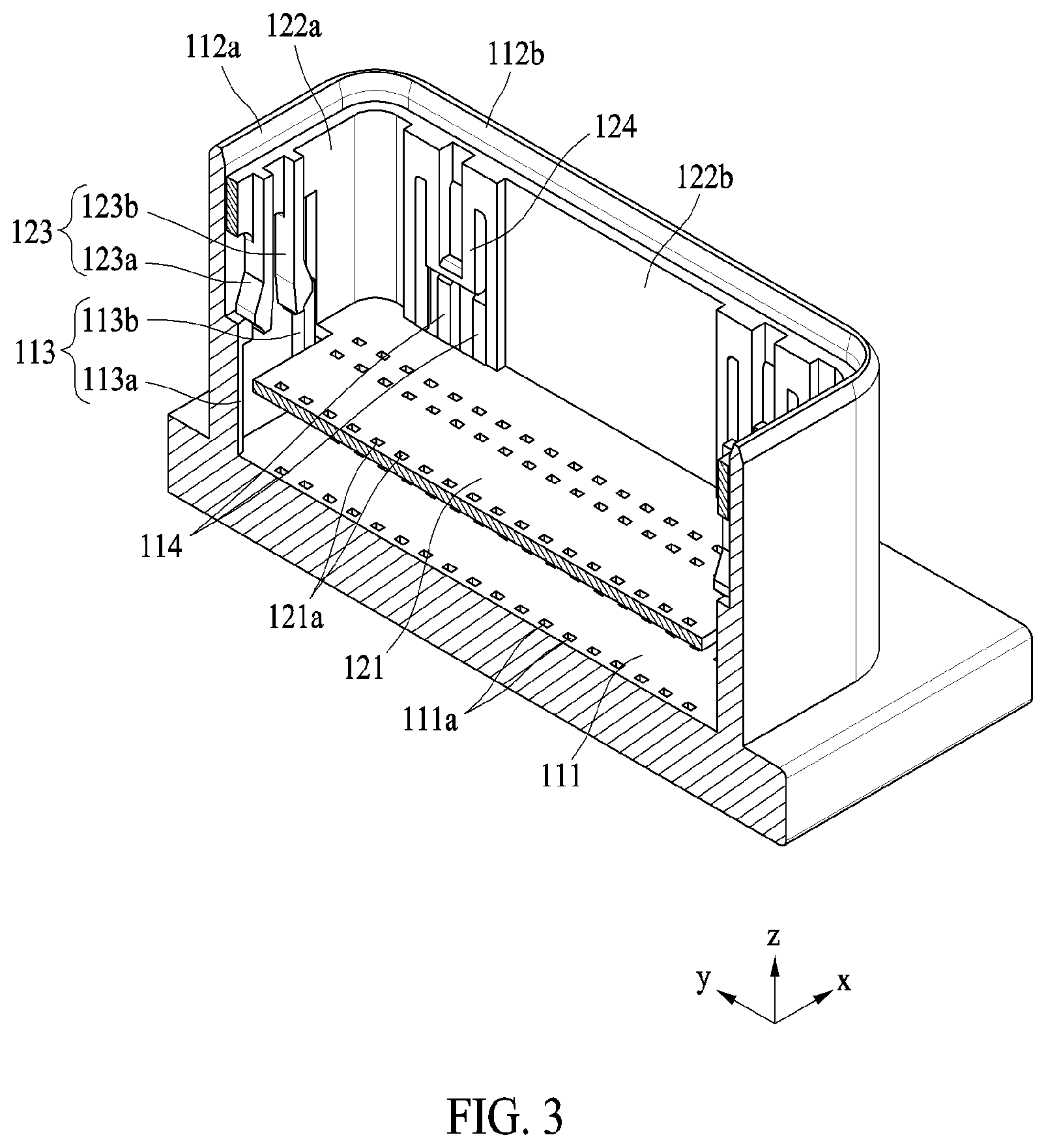 Patent US11824300 Figure 3 – Connector assembly including terminal protection features