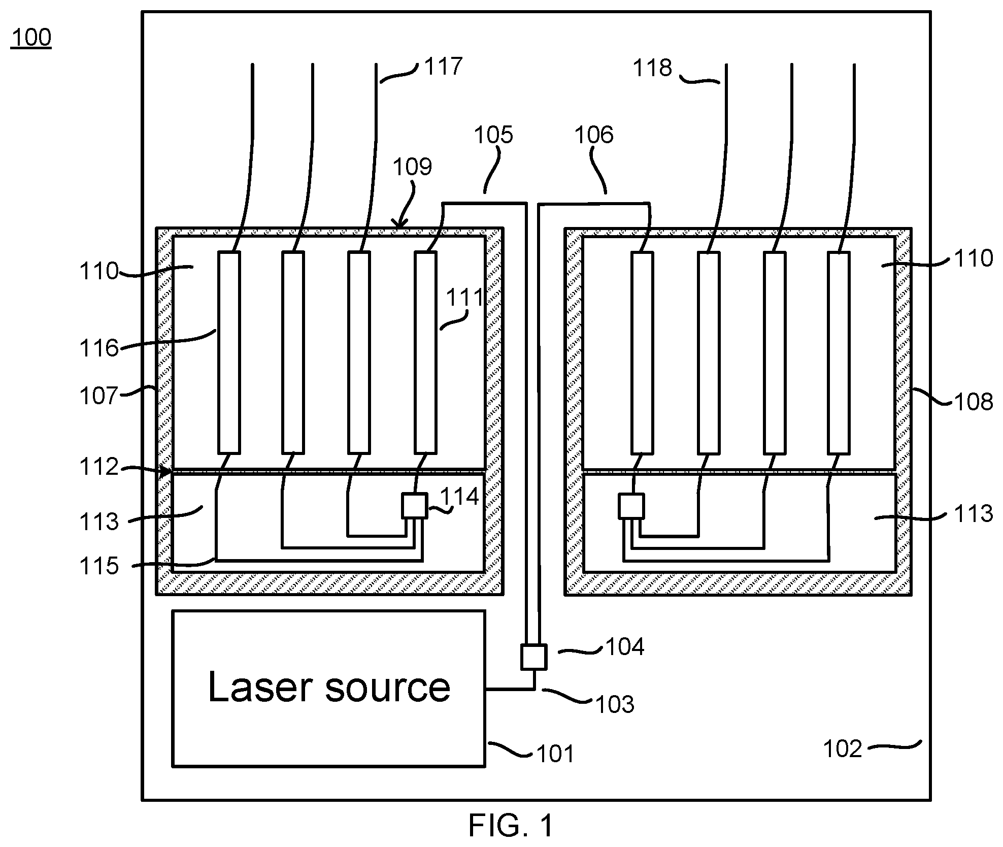 Patent US11824327 Figure 1 – Silicon-assisted packaging of high power integrated SOA array