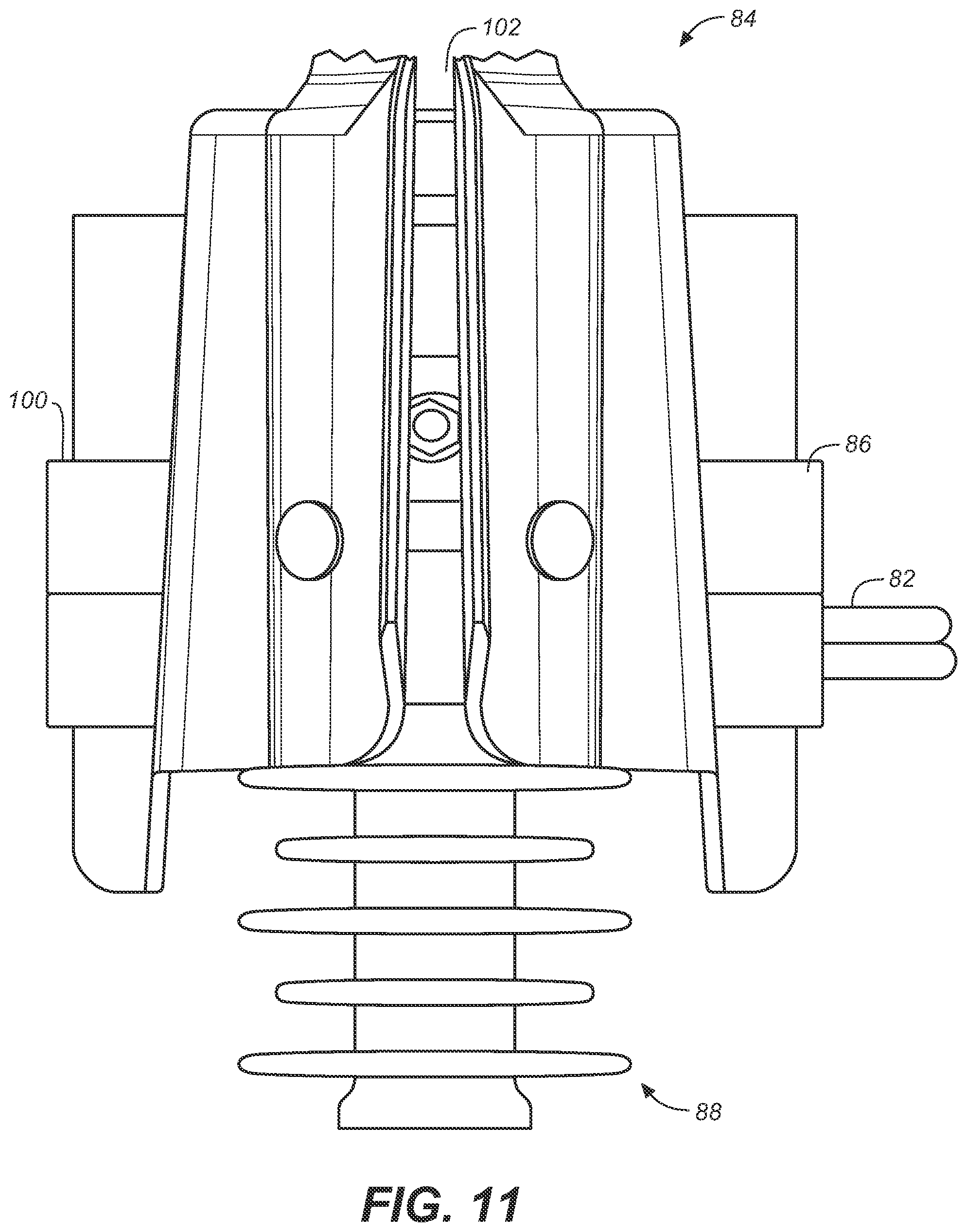 Patent US11824341 Figure 8 – High voltage conductor cover with fenders over retaining pin holes