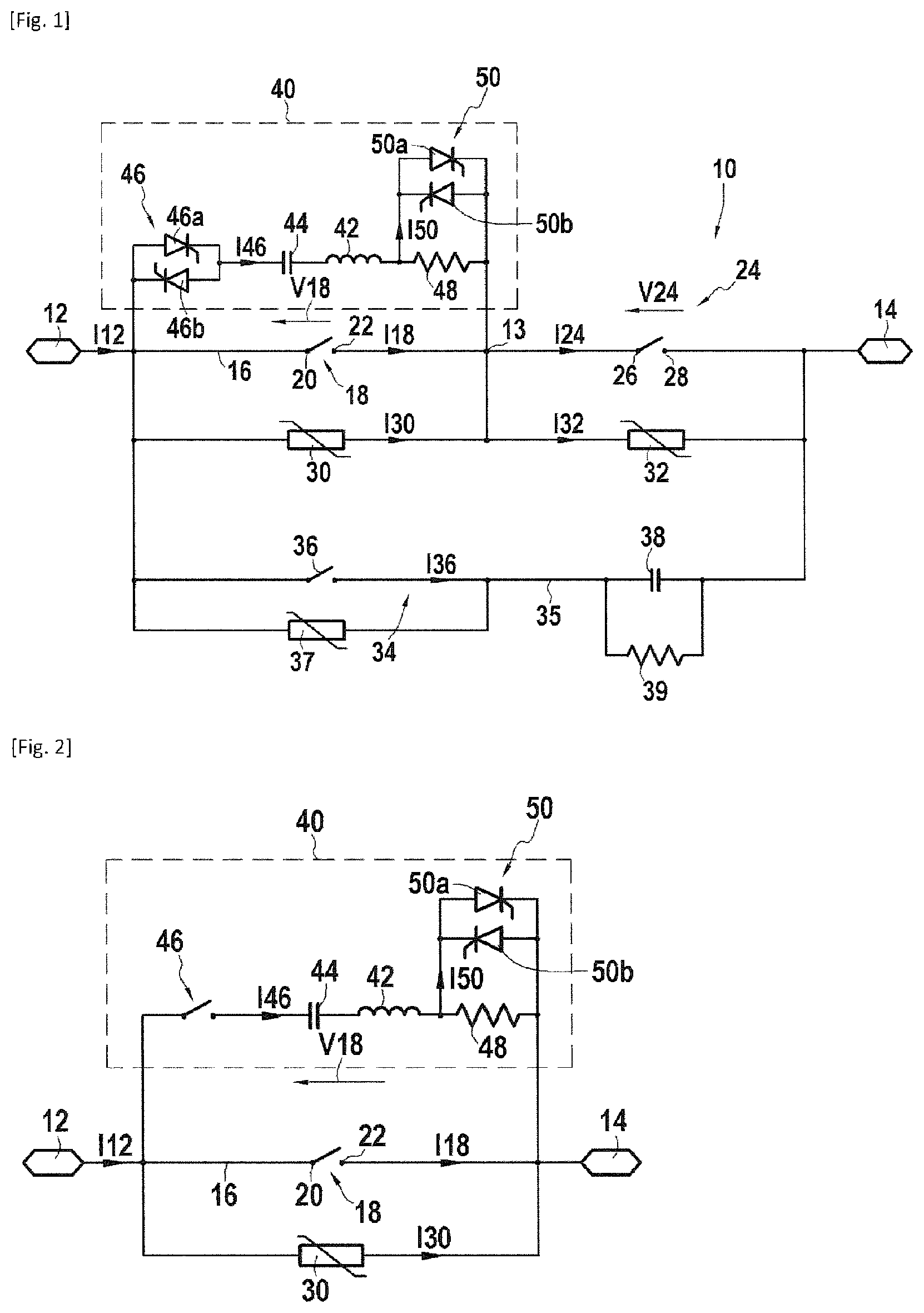Patent US11824346 Figure 1 – Current cut-off device for high-voltage direct current with adaptive oscillatory circuit, and control method