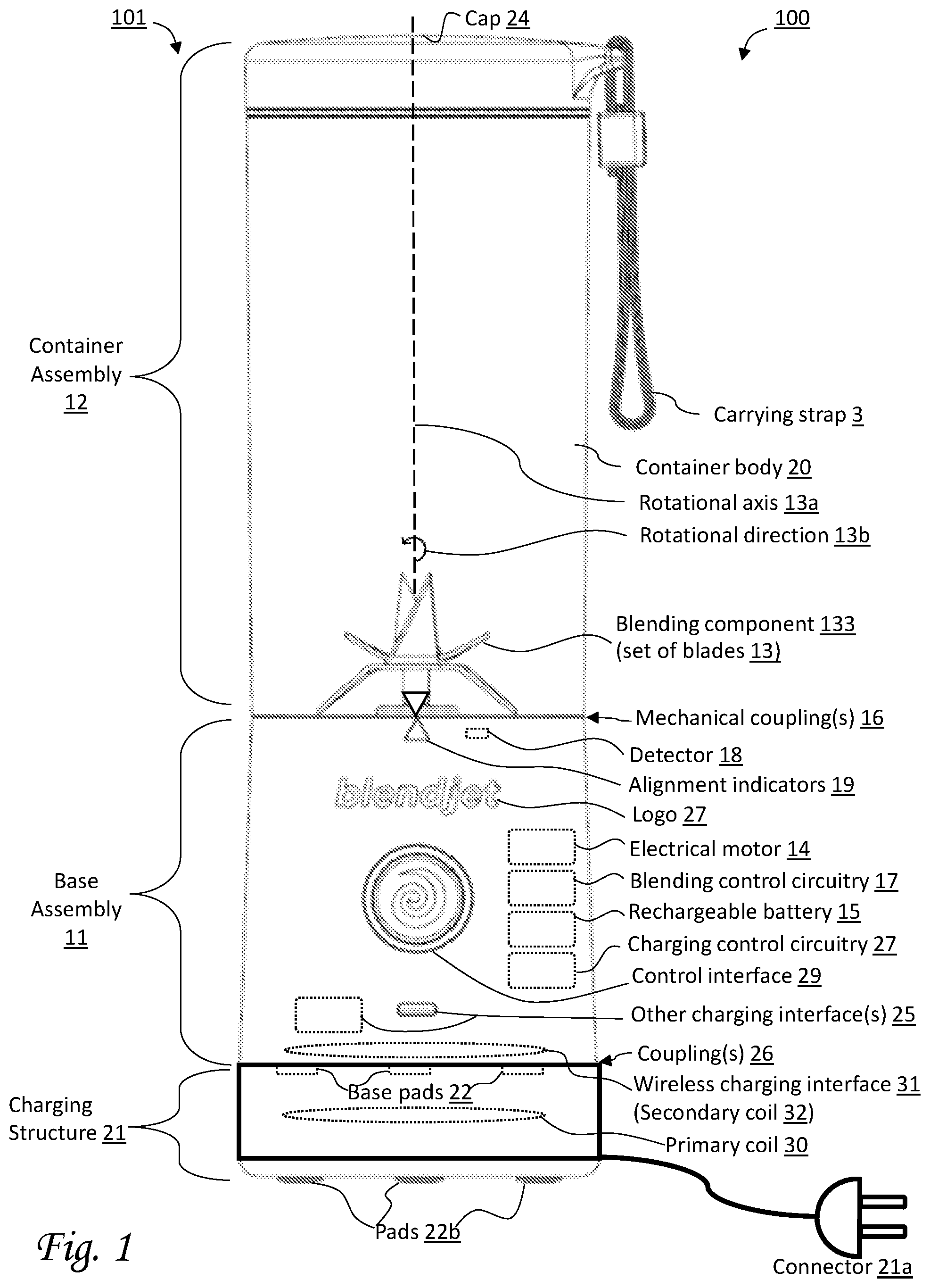 Patent US11824365 Figure 1 – Portable blender with wireless charging