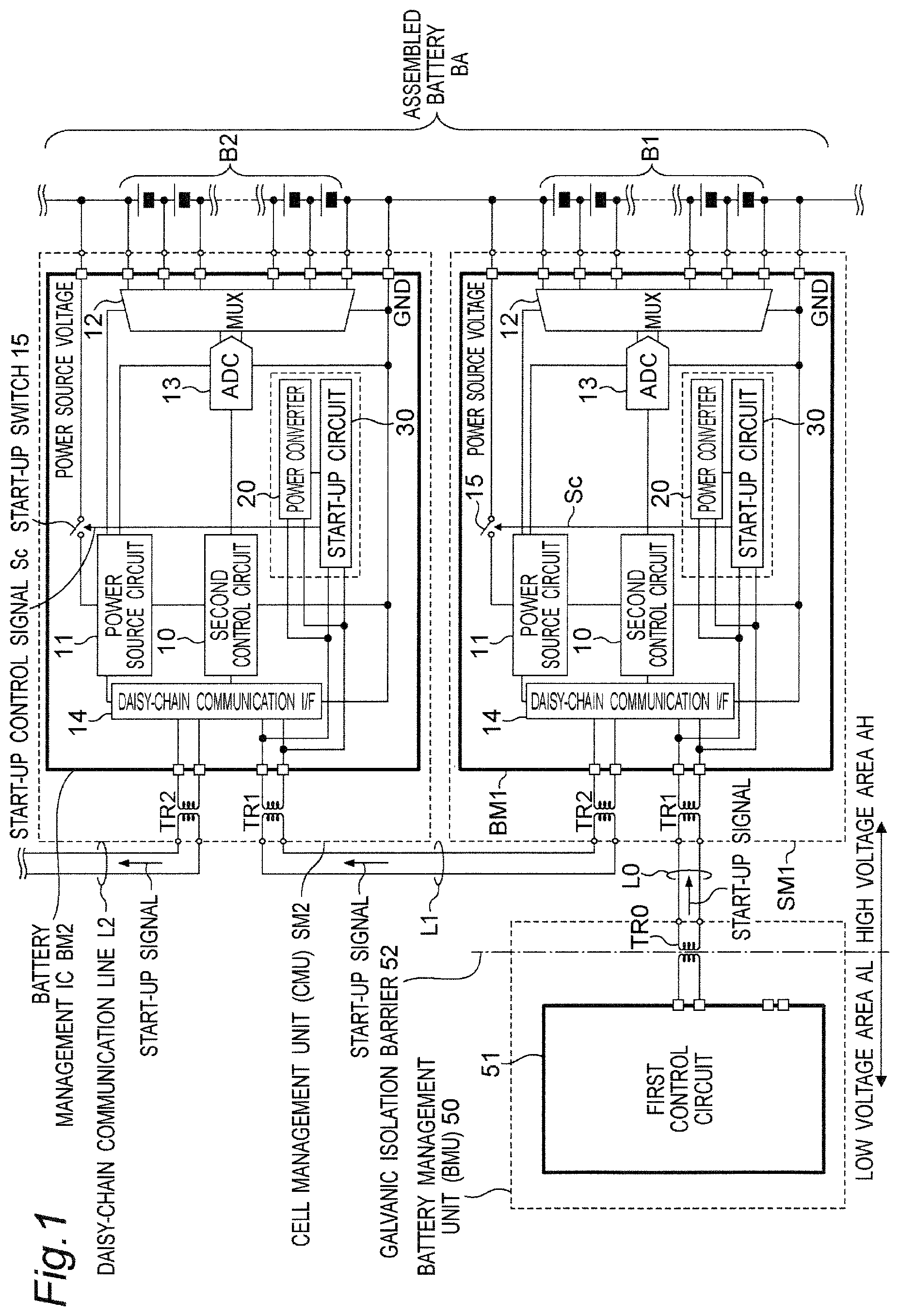 Patent US11824390 Figure 1 – Battery monitoring system provided with battery monitoring control circuit for reducing consumption power in sleep state