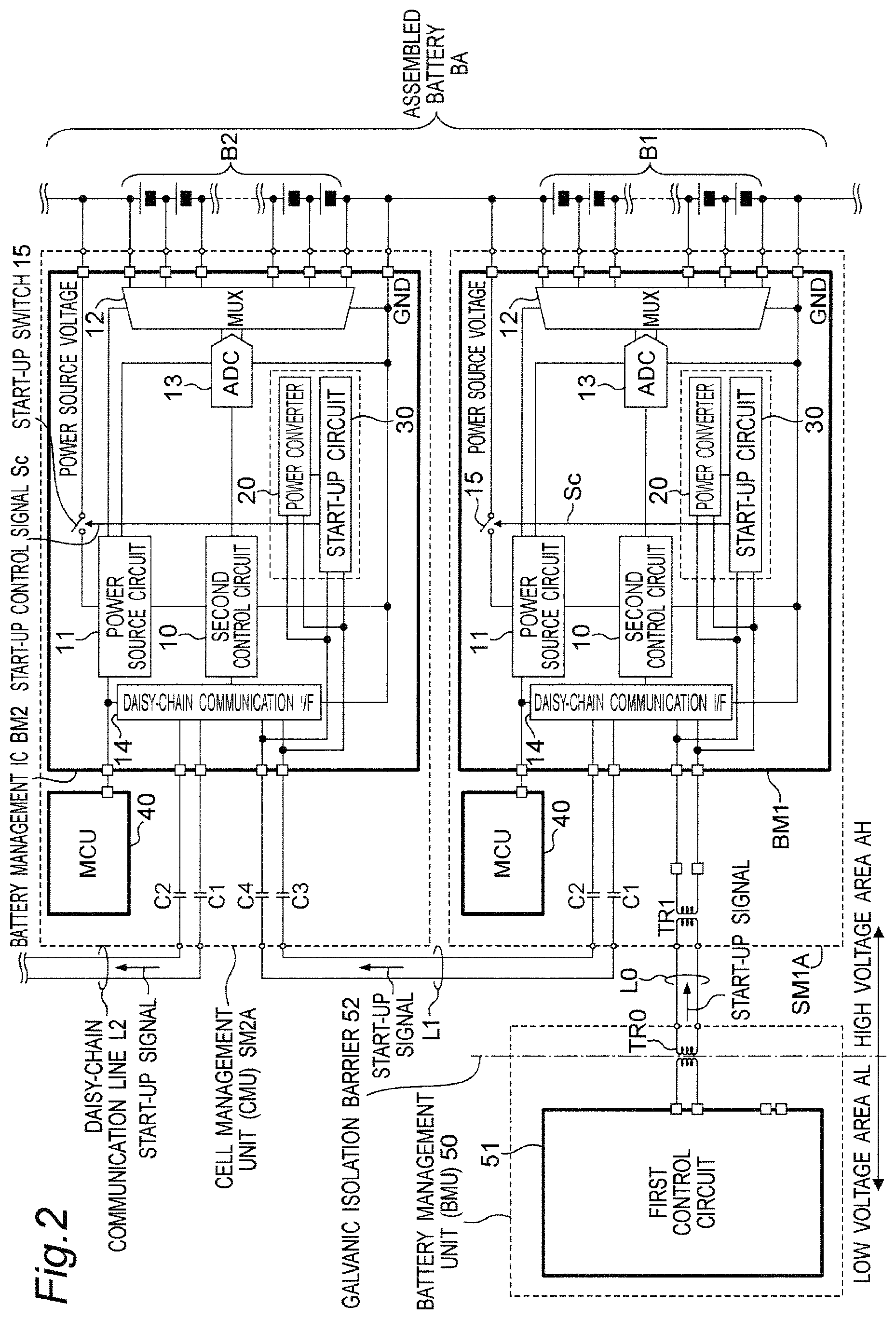 Patent US11824390 Figure 2 – Battery monitoring system provided with battery monitoring control circuit for reducing consumption power in sleep state