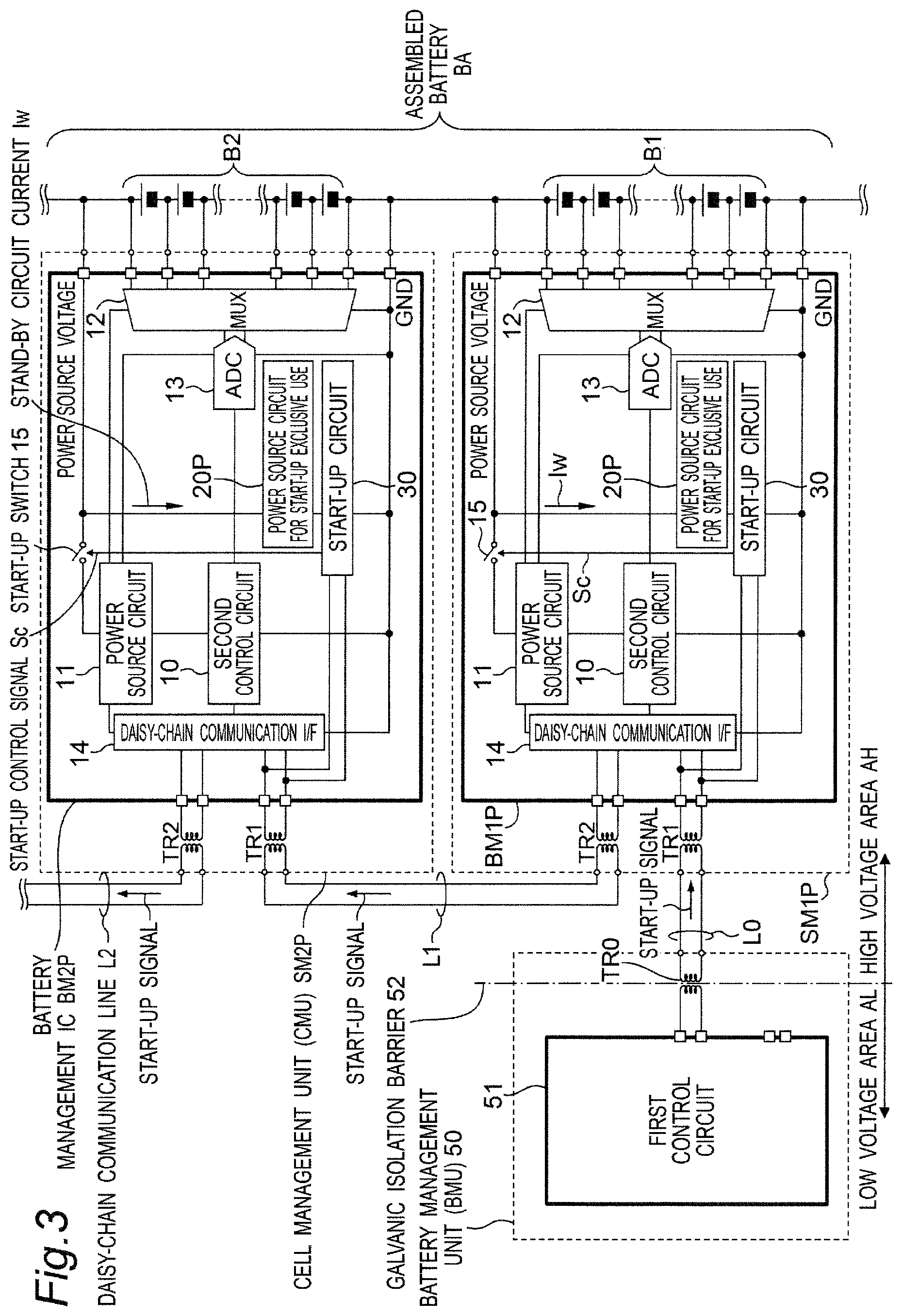 Patent US11824390 Figure 3 – Battery monitoring system provided with battery monitoring control circuit for reducing consumption power in sleep state