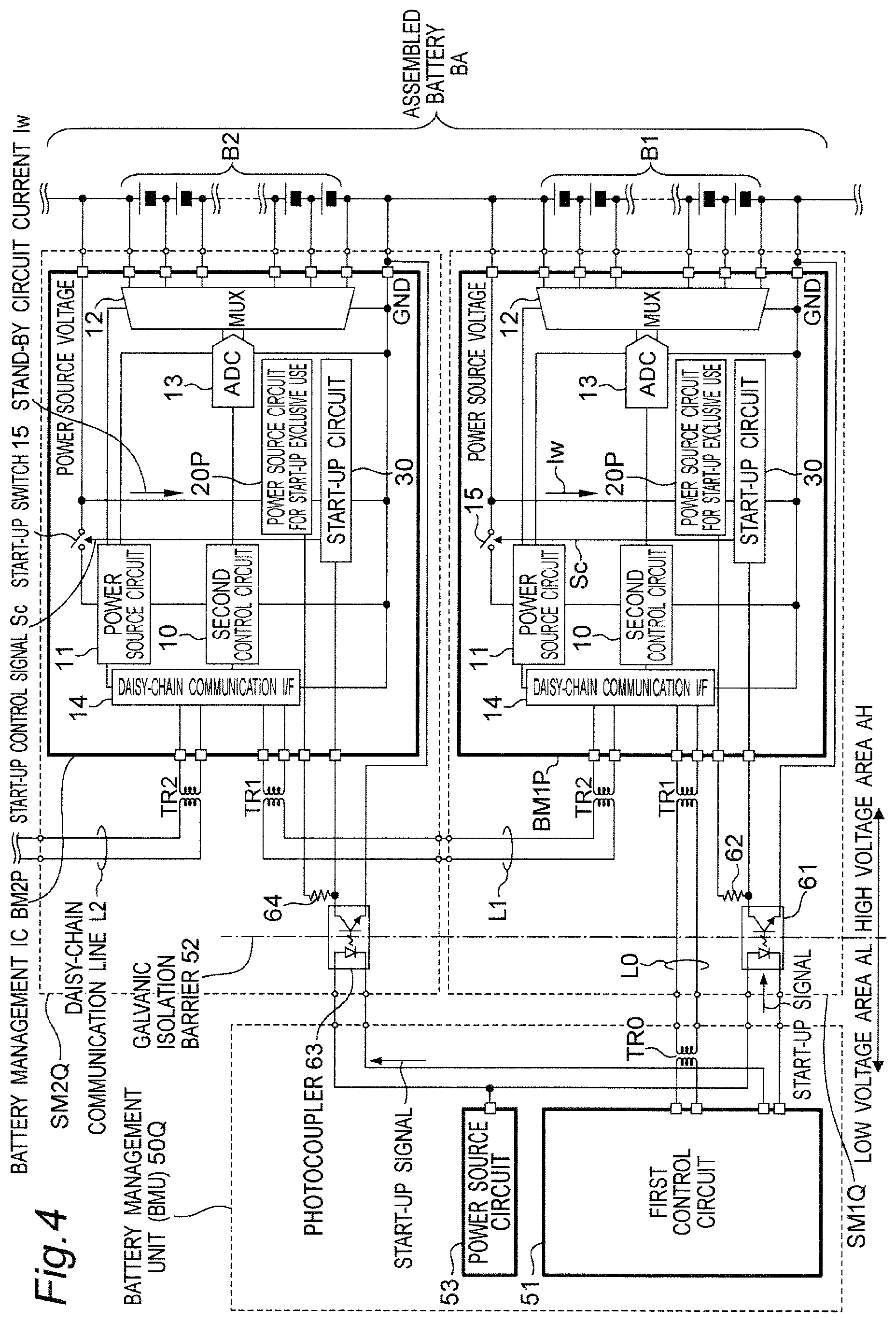 Patent US11824390 Figure 4 – Battery monitoring system provided with battery monitoring control circuit for reducing consumption power in sleep state