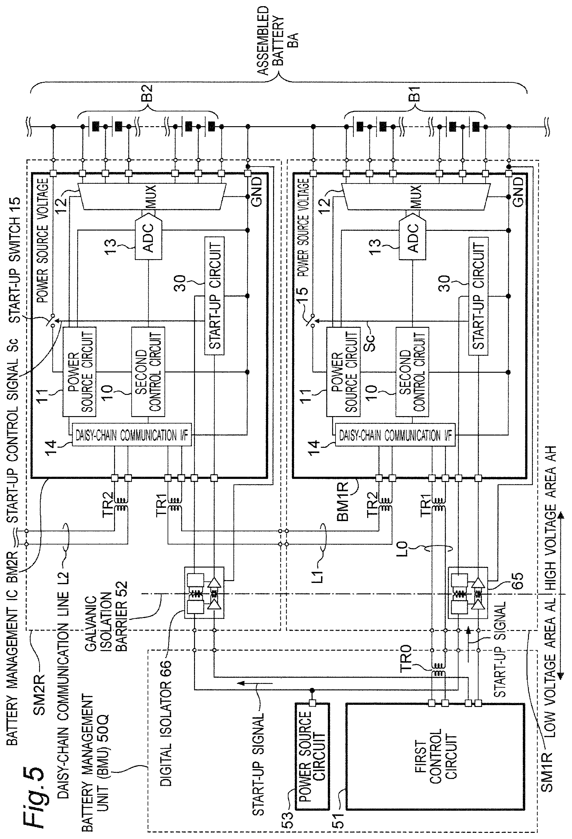 Patent US11824390 Figure 5 – Battery monitoring system provided with battery monitoring control circuit for reducing consumption power in sleep state