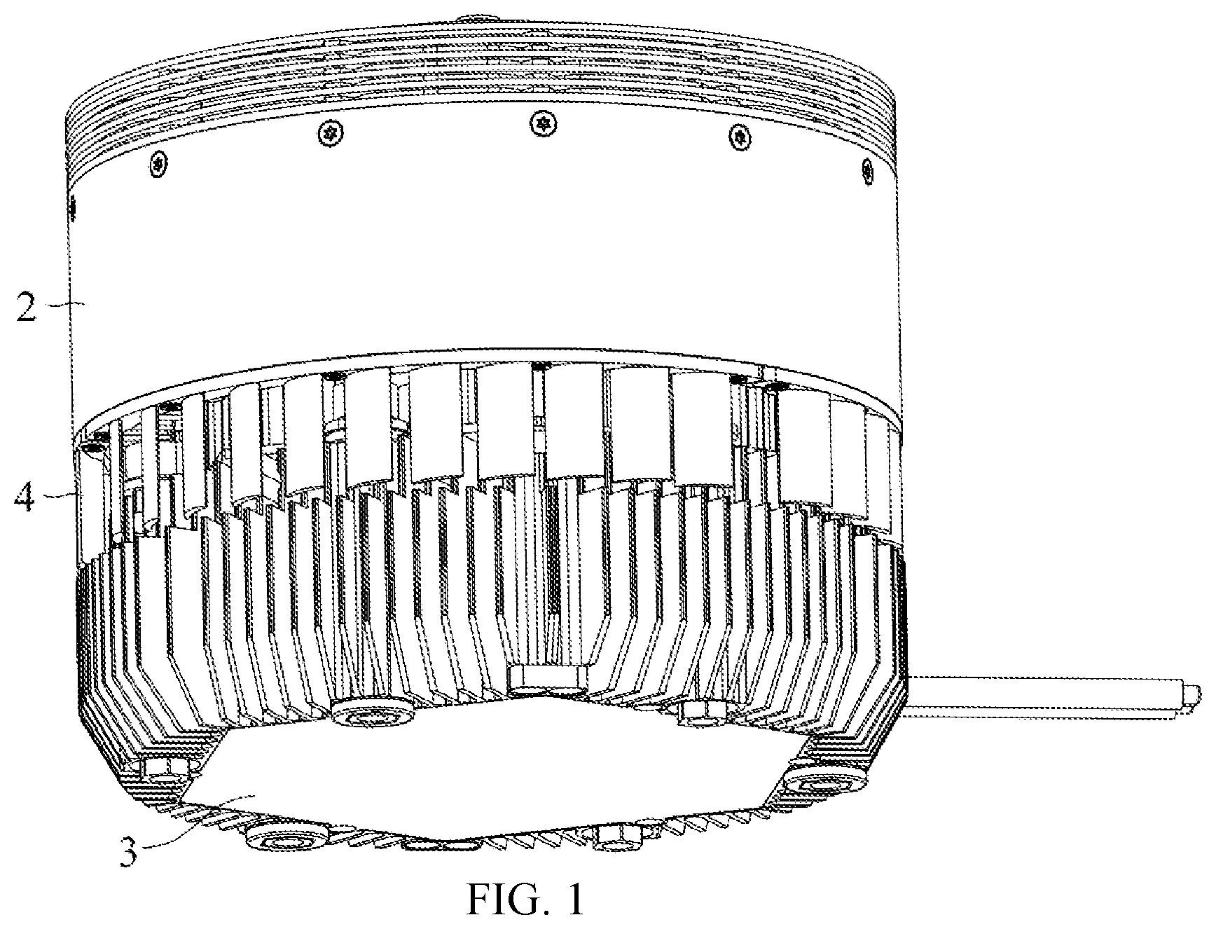 Patent US11824404 Figure 1 – Motor with outer rotor having exhaust plates