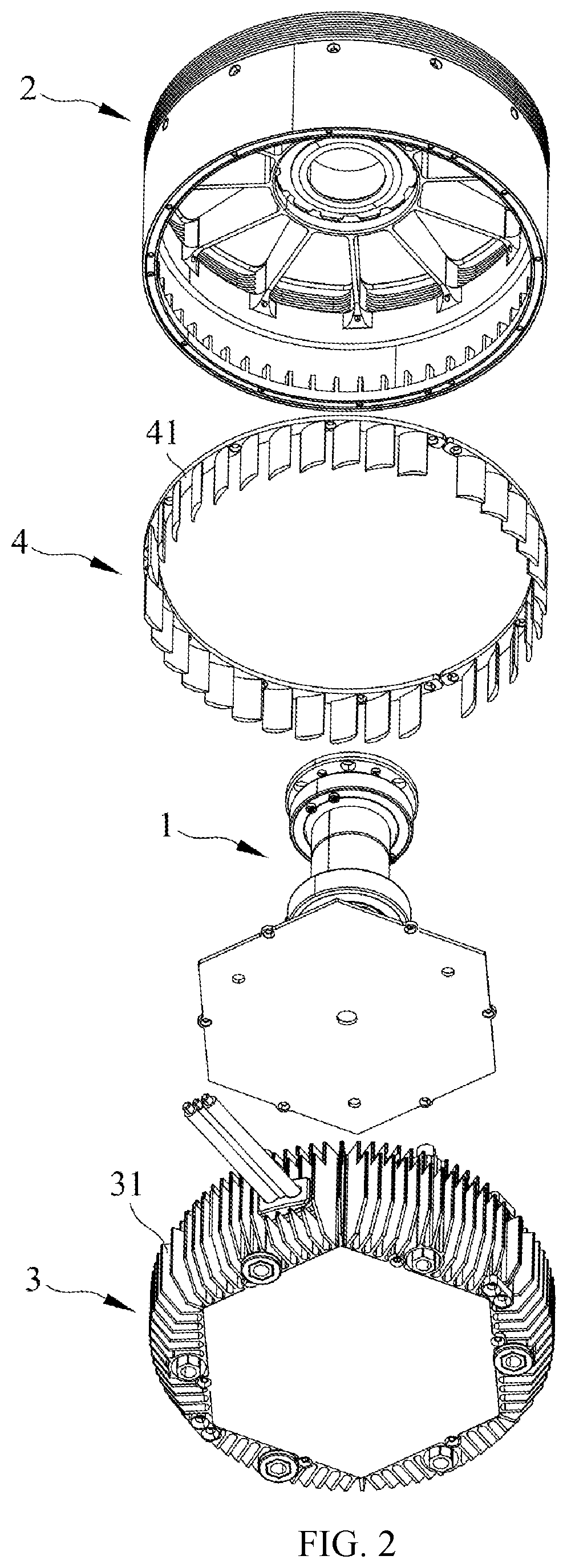 Patent US11824404 Figure 2 – Motor with outer rotor having exhaust plates