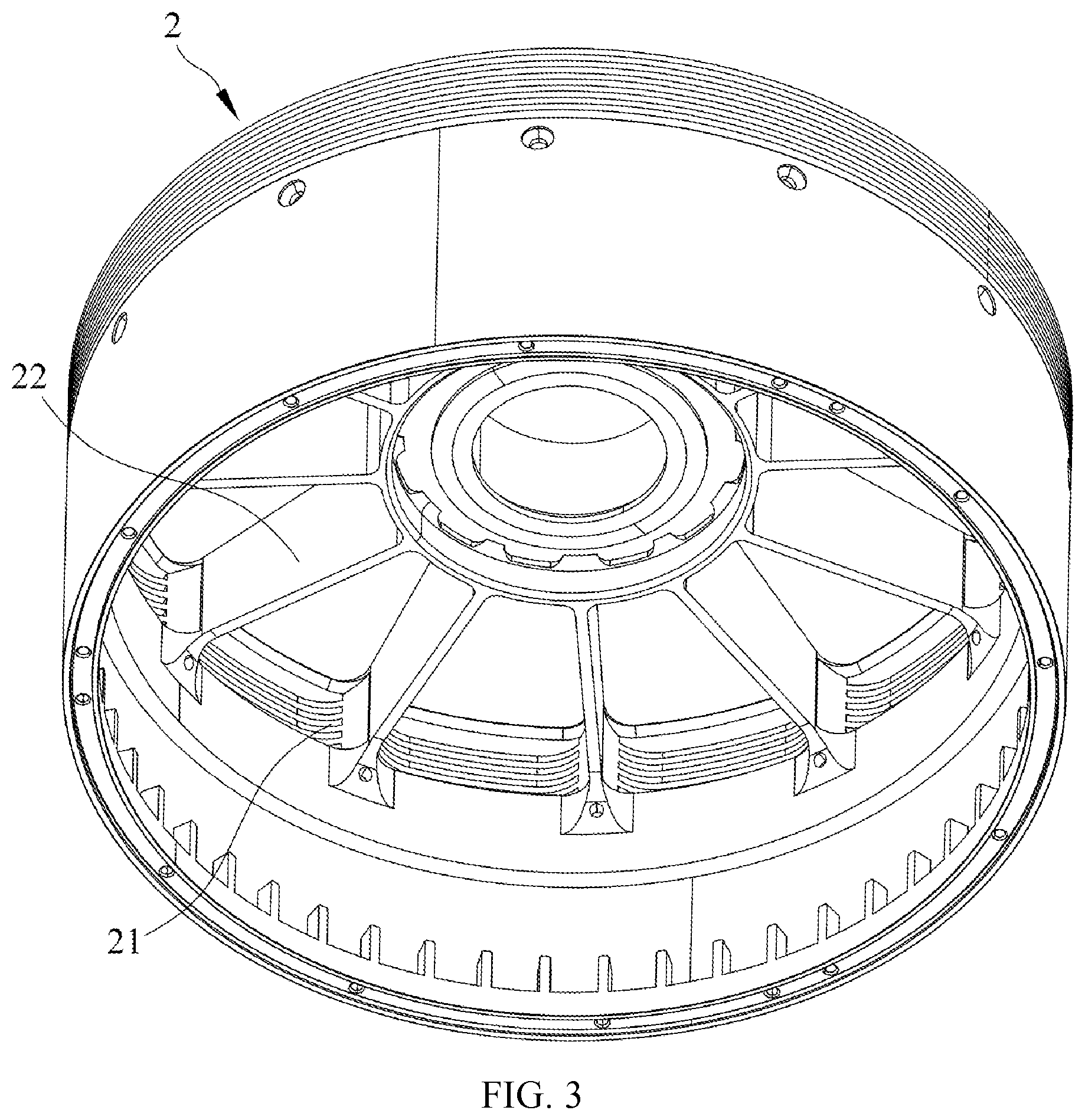 Patent US11824404 Figure 3 – Motor with outer rotor having exhaust plates