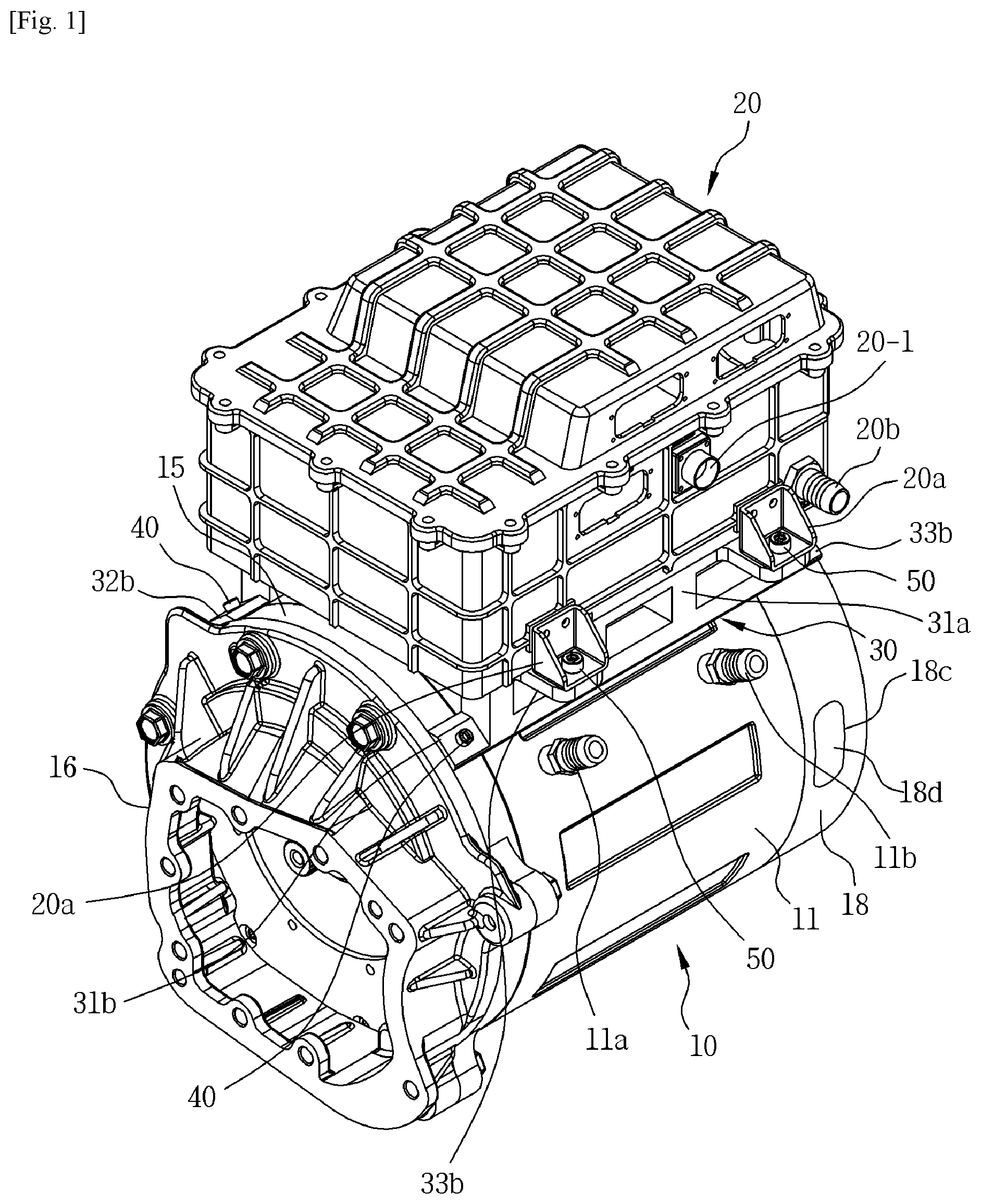 Patent US11824422 Figure 1 – Drive motor of electric vehicle having inverter housing mounted therein