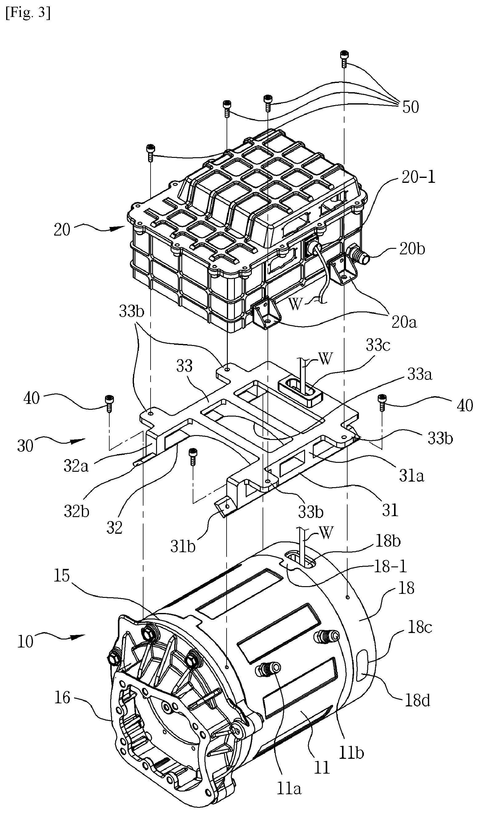 Patent US11824422 Figure 3 – Drive motor of electric vehicle having inverter housing mounted therein