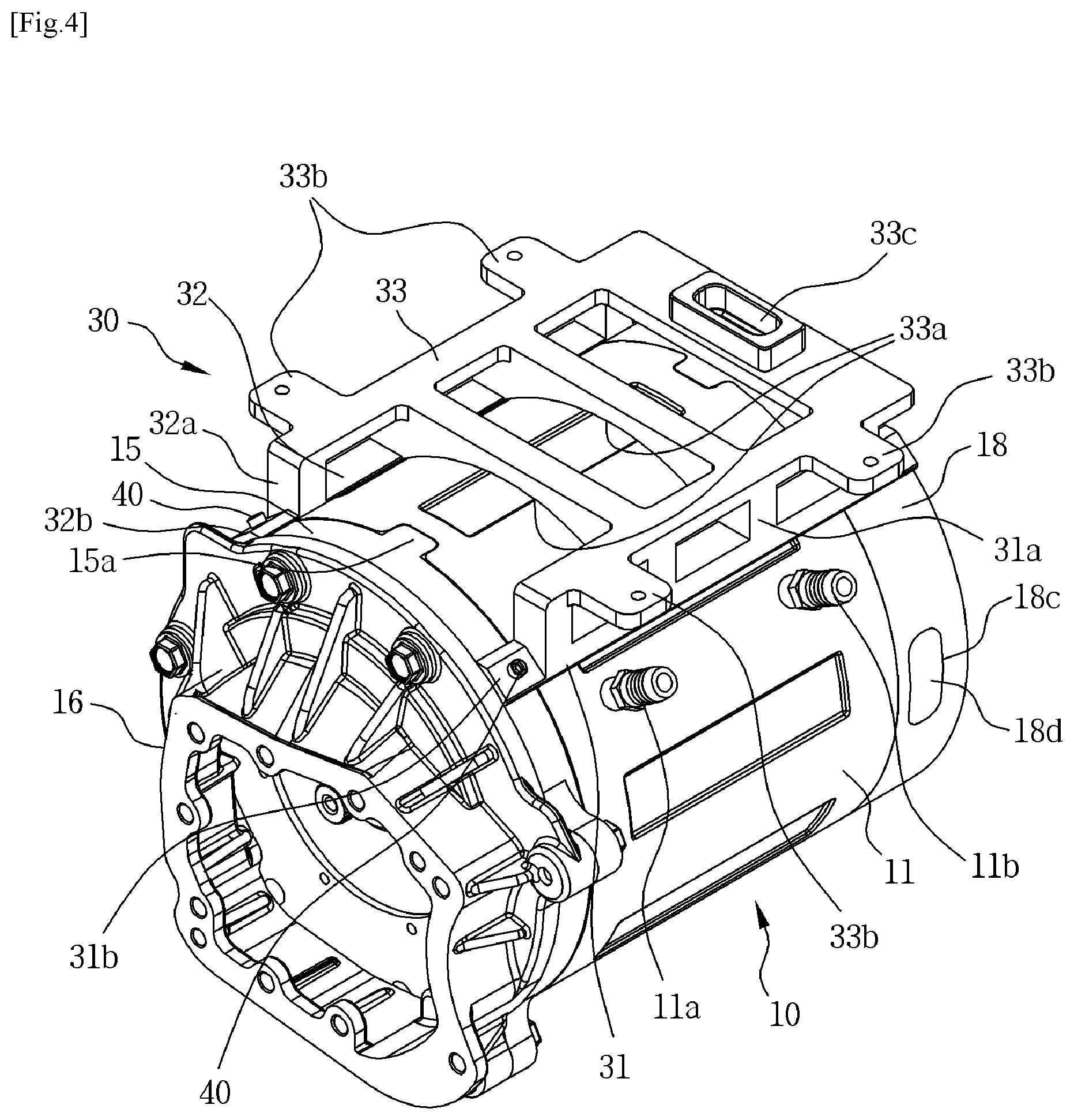 Patent US11824422 Figure 4 – Drive motor of electric vehicle having inverter housing mounted therein