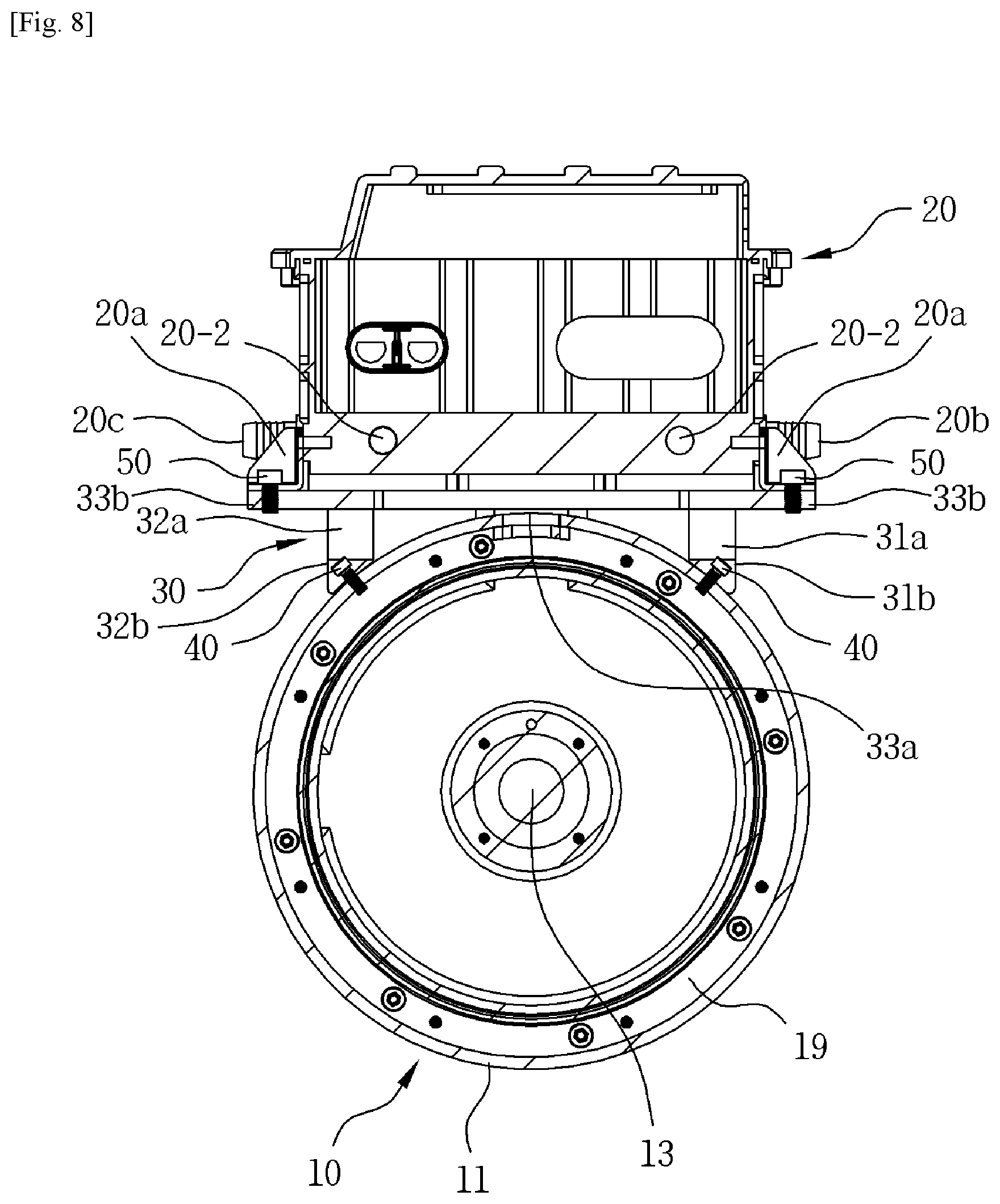Patent US11824422 Figure 8 – Drive motor of electric vehicle having inverter housing mounted therein