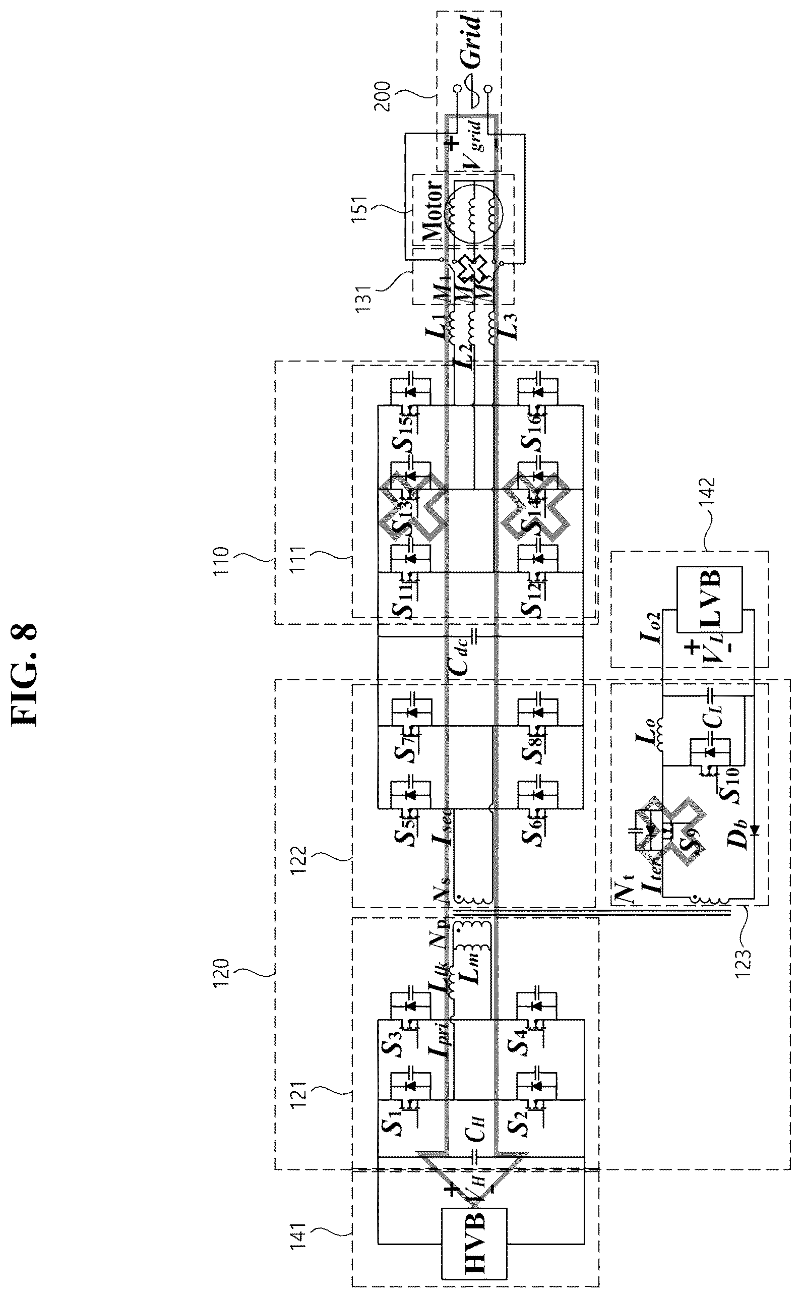 Patent US11824452 Figure 8 – Integrated power conversion apparatus for xEV and integrated power conversion method thereof