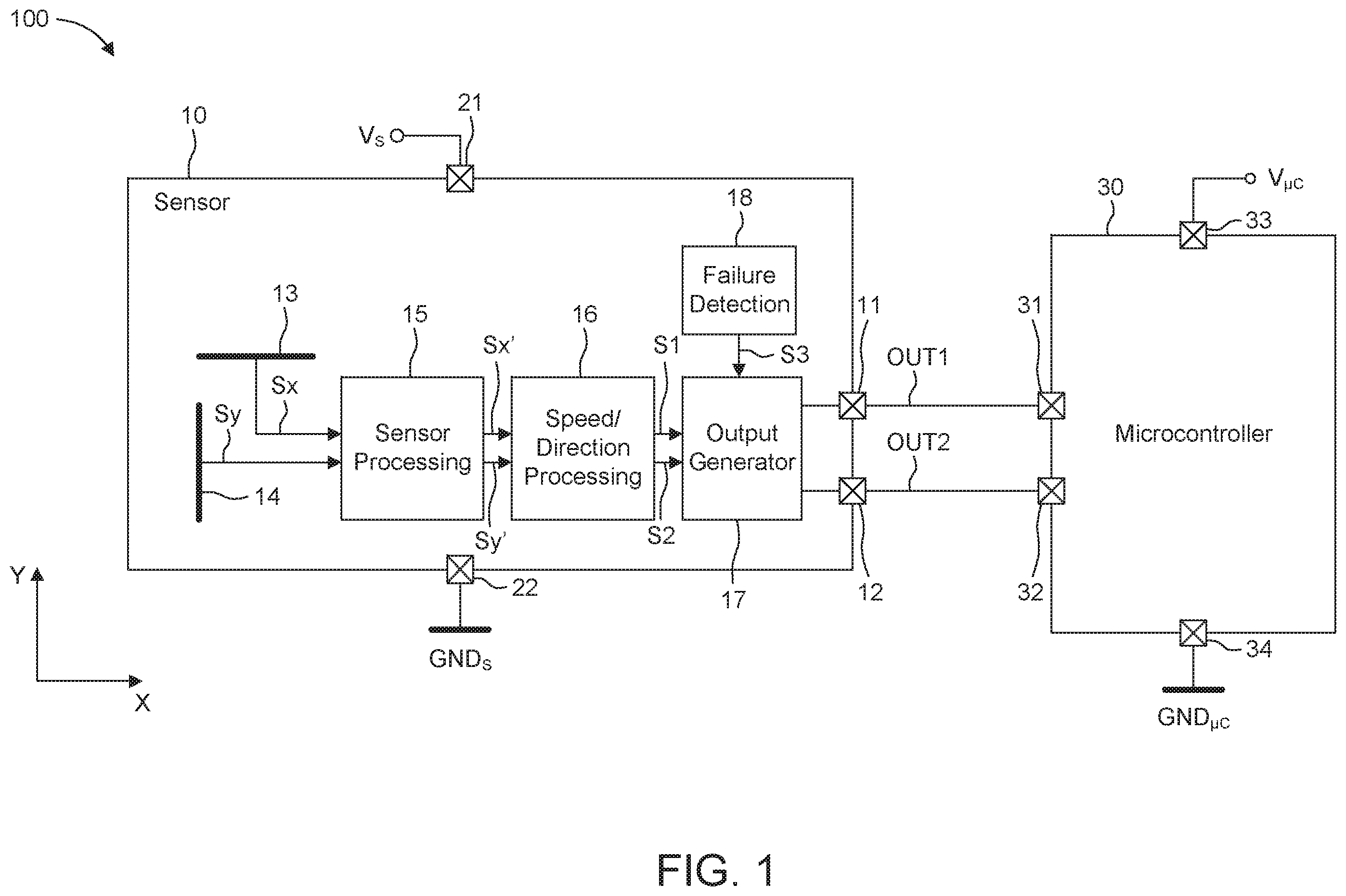 Patent US11824478 — Two output pin protocol for speed, direction, and diagnosis — Figure 1