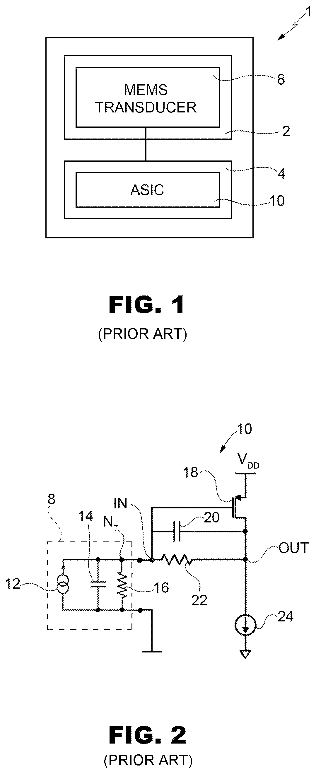 Patent US11824503 Figure 1 – Charge amplifier circuit with a high output dynamic range for a microelectromechanical sensor