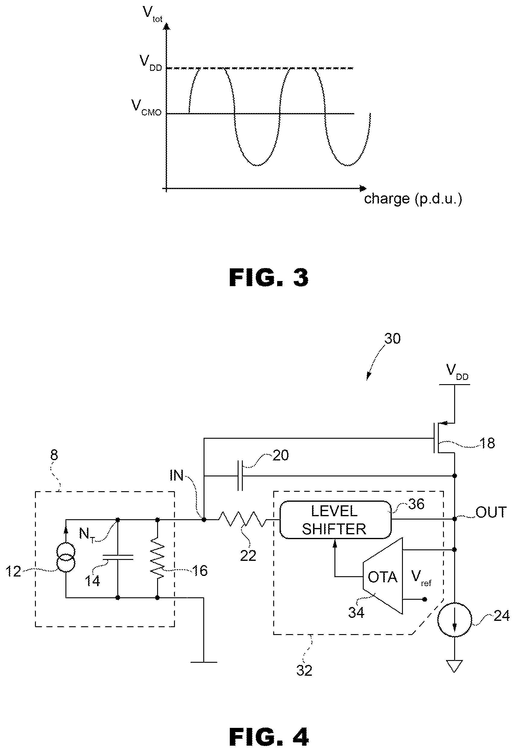 Patent US11824503 Figure 2 – Charge amplifier circuit with a high output dynamic range for a microelectromechanical sensor