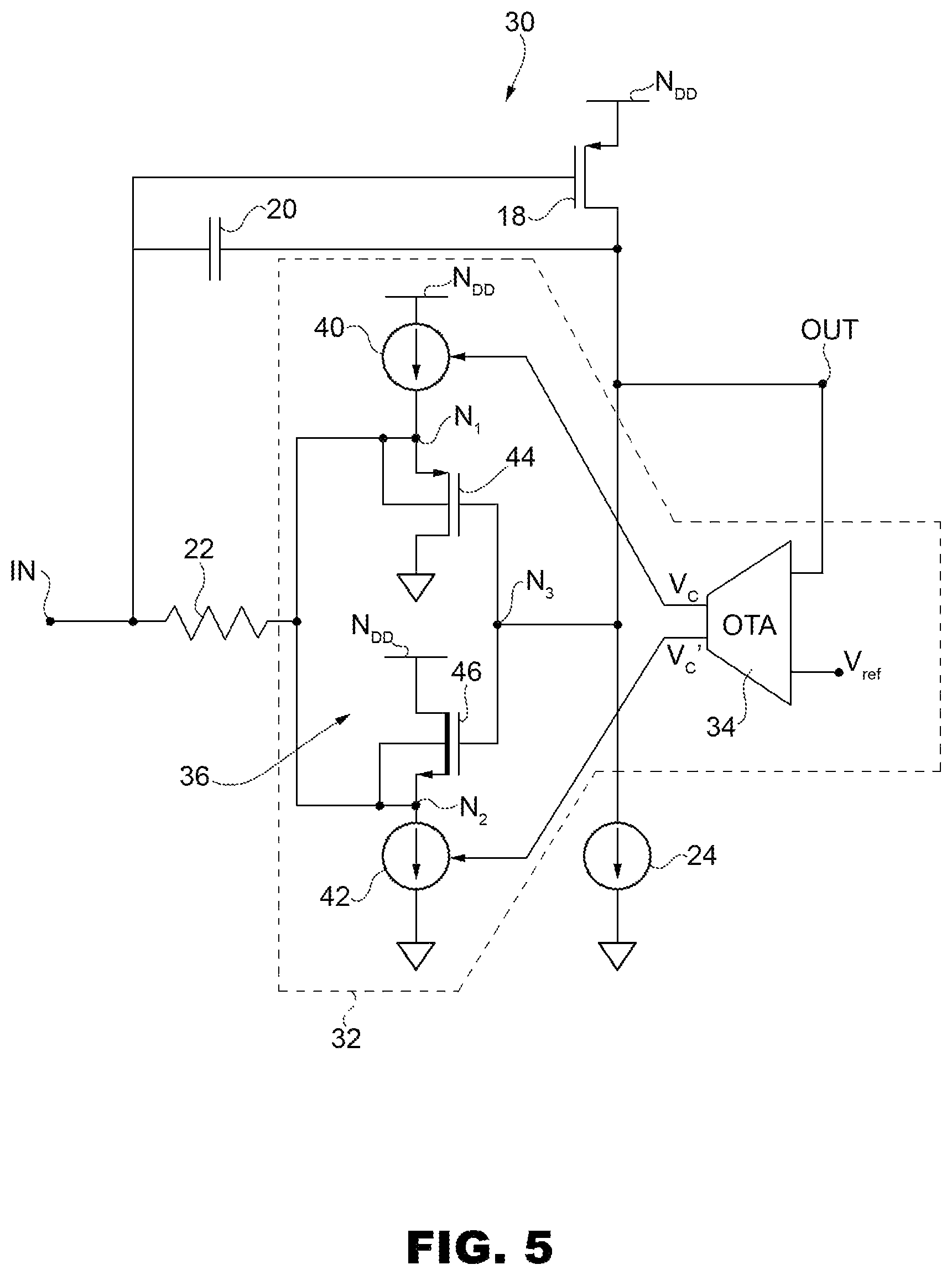 Patent US11824503 Figure 3 – Charge amplifier circuit with a high output dynamic range for a microelectromechanical sensor