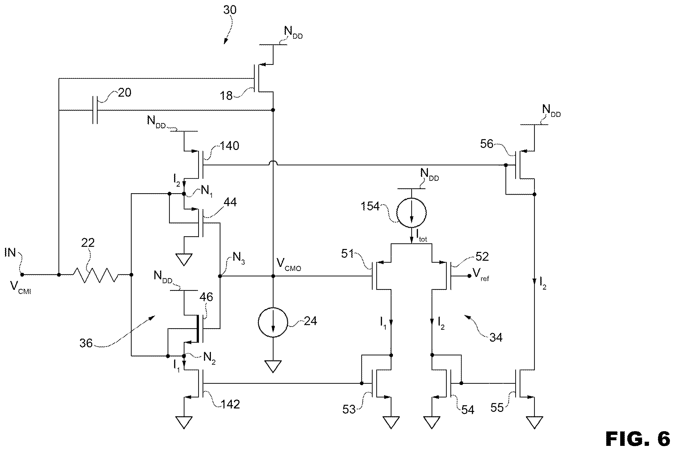 Patent US11824503 Figure 4 – Charge amplifier circuit with a high output dynamic range for a microelectromechanical sensor