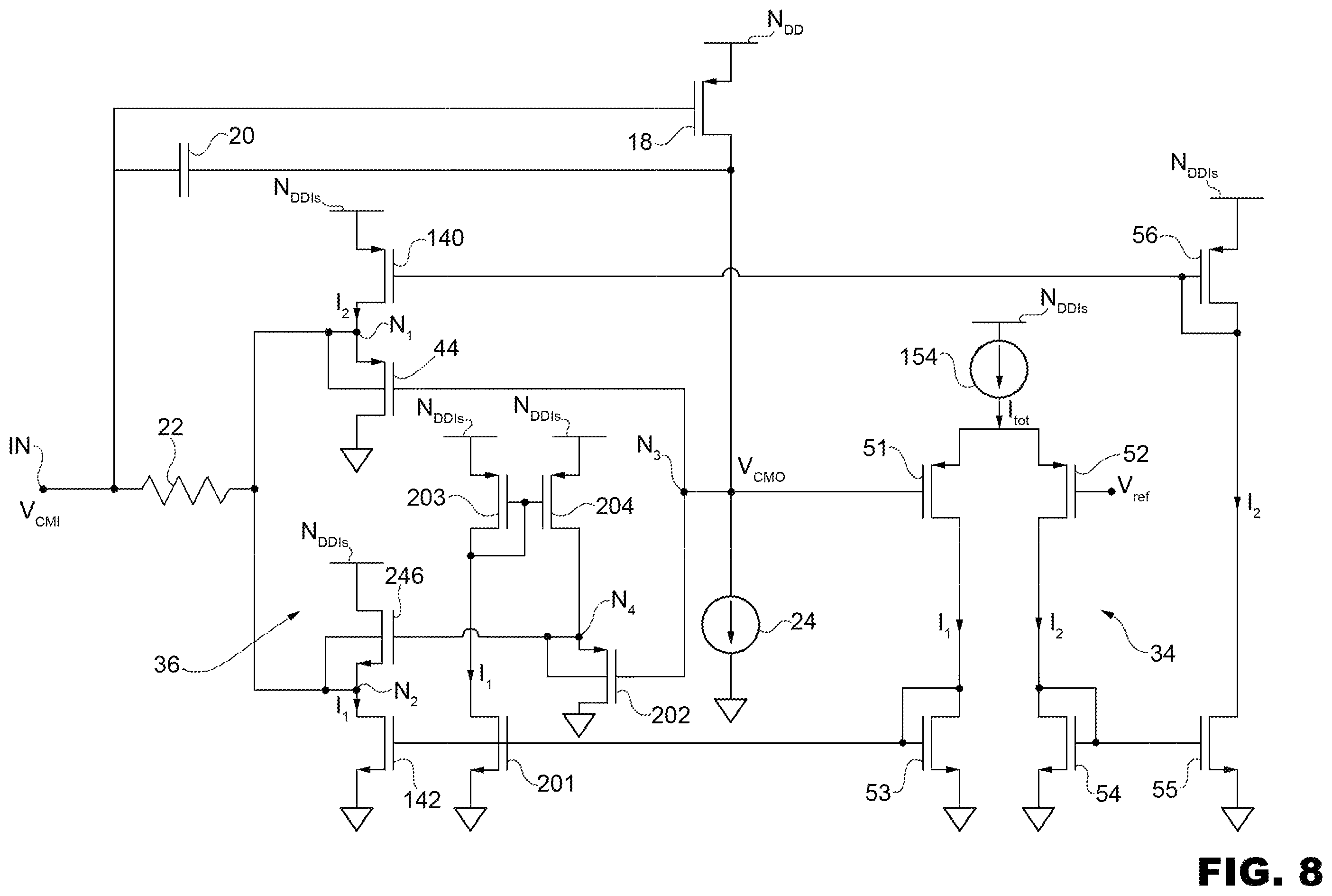 Patent US11824503 Figure 6 – Charge amplifier circuit with a high output dynamic range for a microelectromechanical sensor