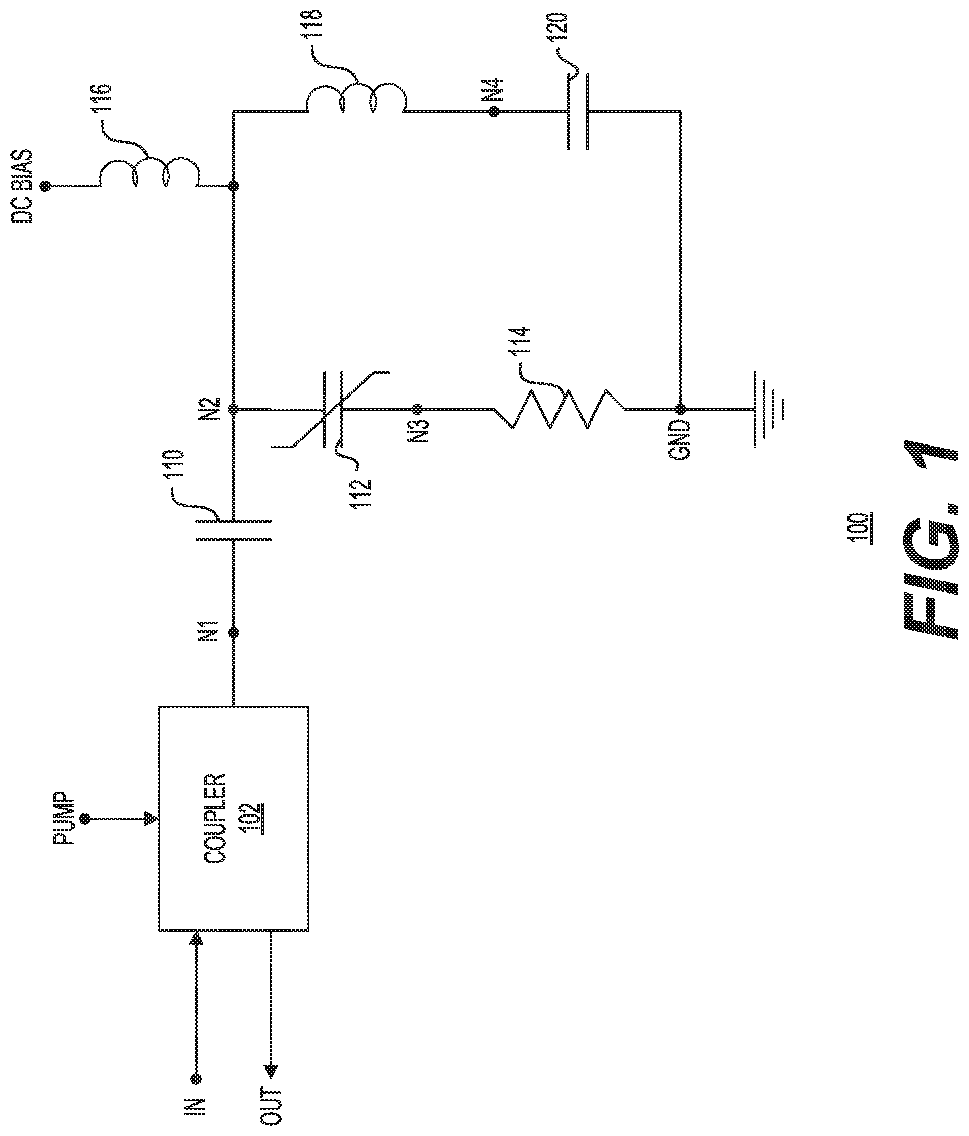 Patent US11824505 Figure 1 – Parametric amplifier having a quantum capacitance device