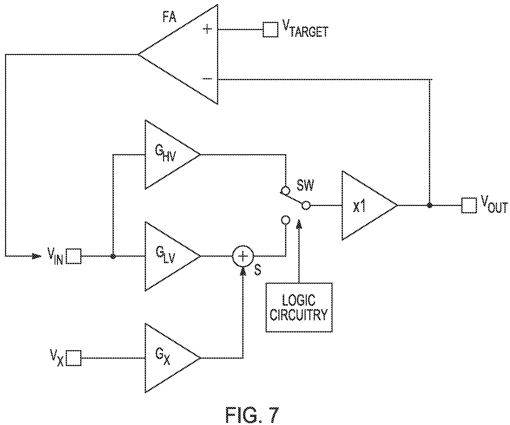 Patent US11824506 Figure 5 – Glitch reduction technique for switched amplifiers having selectable transfer gain