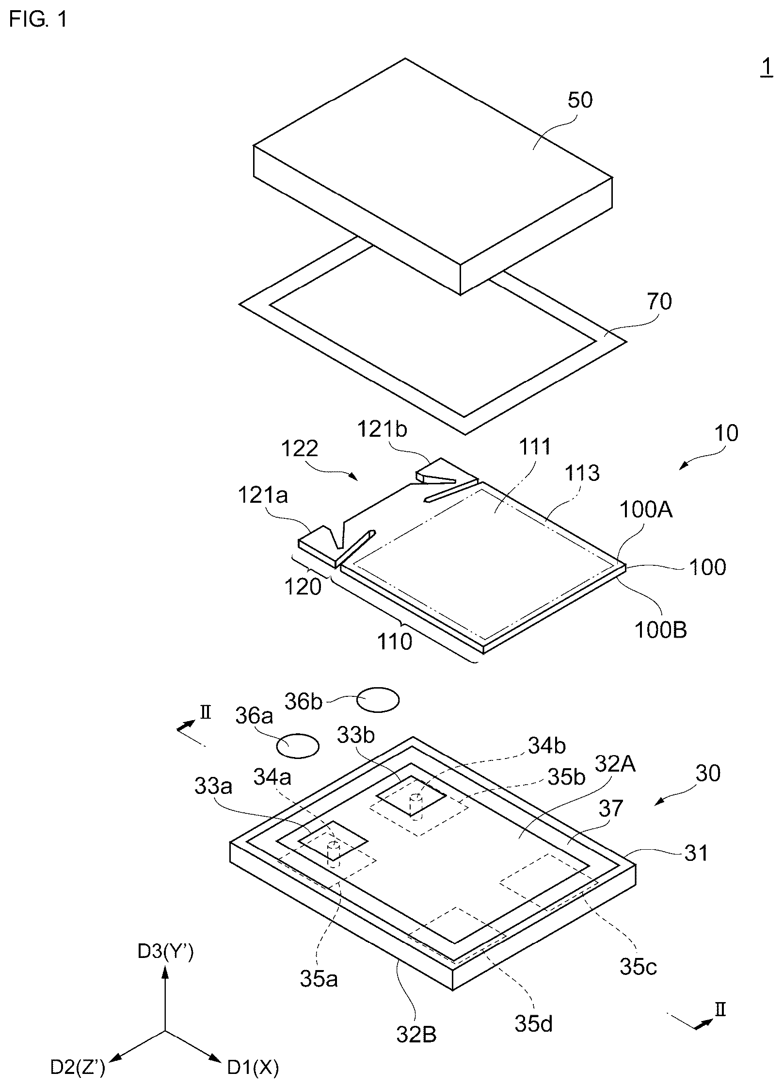 Patent US11824521 Figure 1 – Vibration substrate having a pair of holding portions and a beam portion connecting the holding portions, vibrator, and vibrator unit