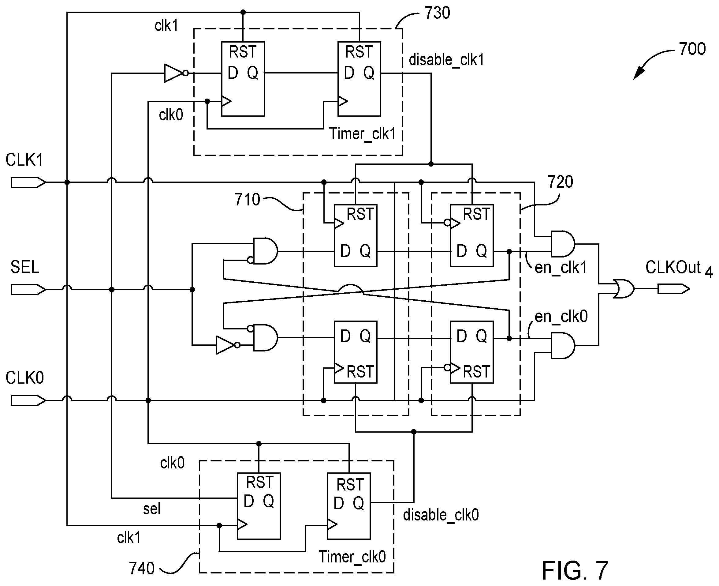 Patent US11824539 Figure 5 – Clock multiplexer circuitry with glitch reduction