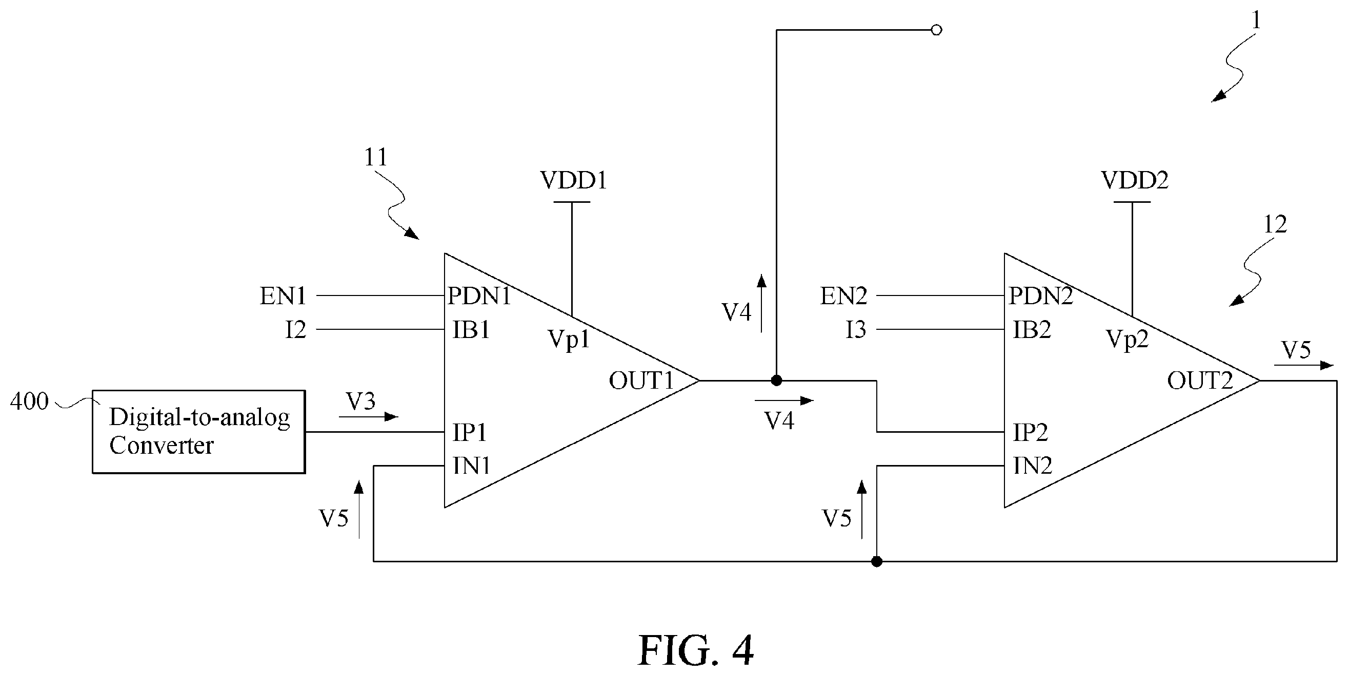 Patent US11824553 Figure 4 – Unity-gain buffer circuit structure