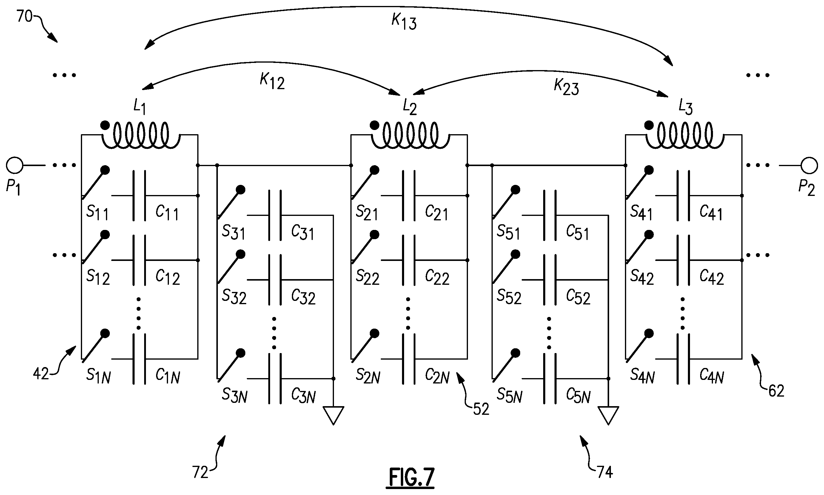 Patent US11824569 Figure 8 – Radio frequency system with tunable filters including tunable filter with mutually coupled inductors